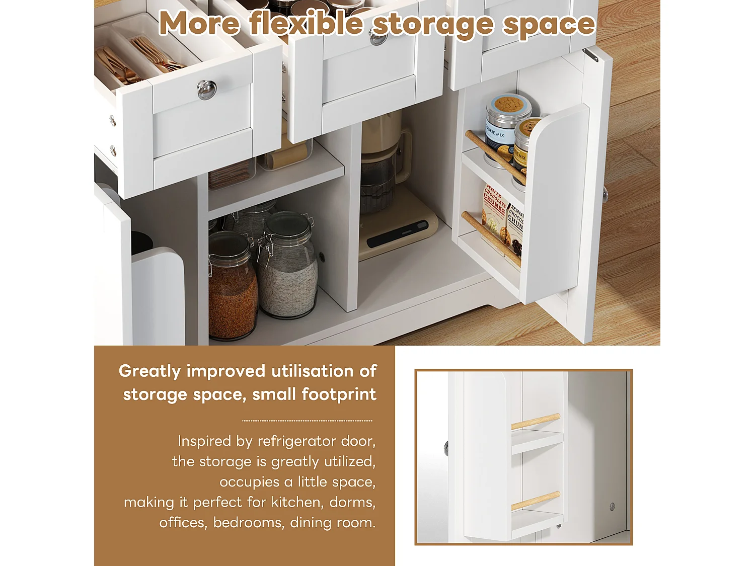 Mobile kitchen island - with USB port - extendable top - 3 drawers and 2 doors - with towel rail - MDF - White