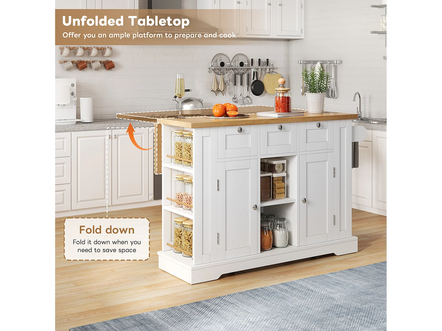 Mobile kitchen island - with USB port - extendable top - 3 drawers and 2 doors - with towel rail - MDF - White