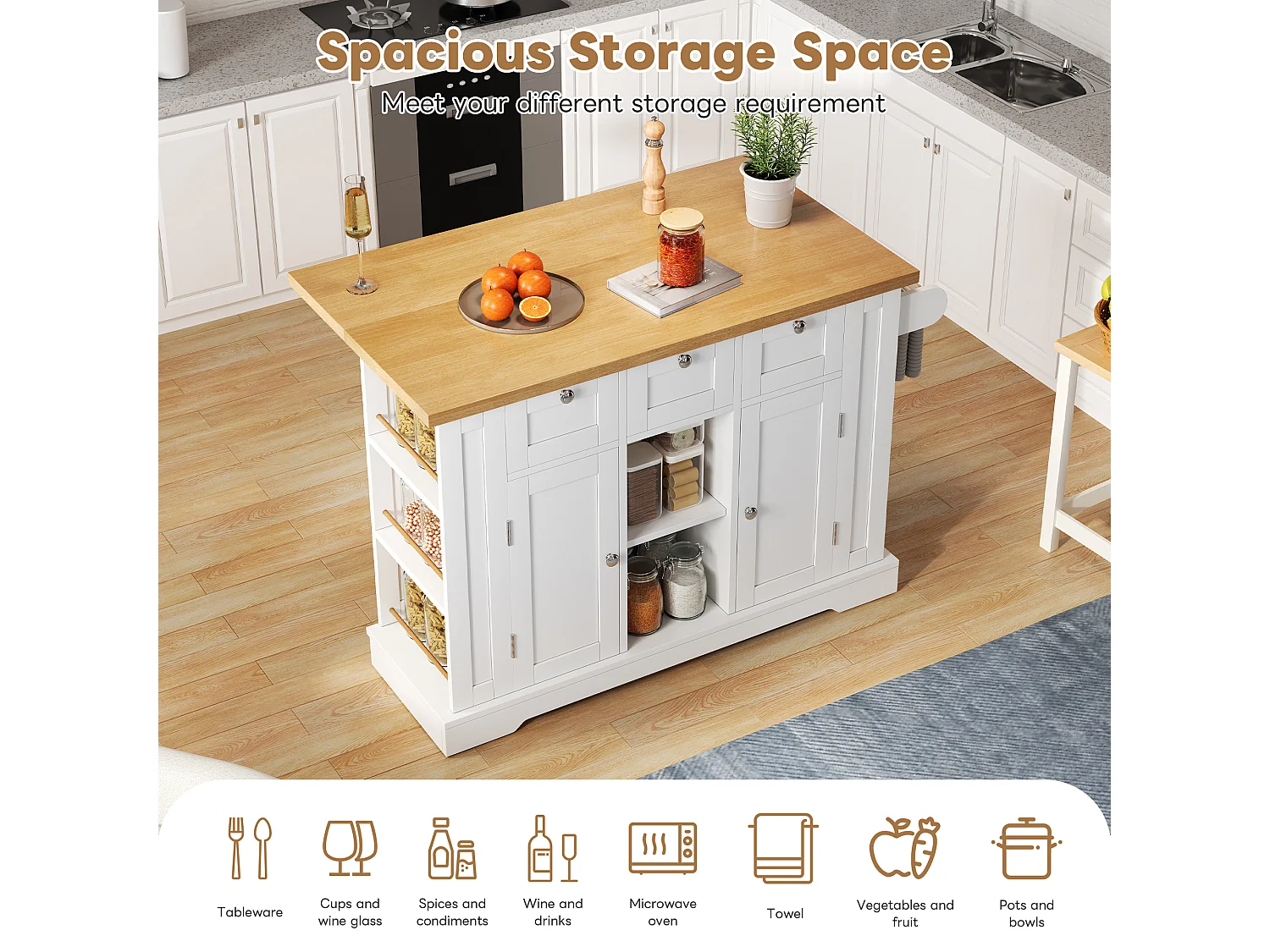 Mobile kitchen island - with USB port - extendable top - 3 drawers and 2 doors - with towel rail - MDF - White