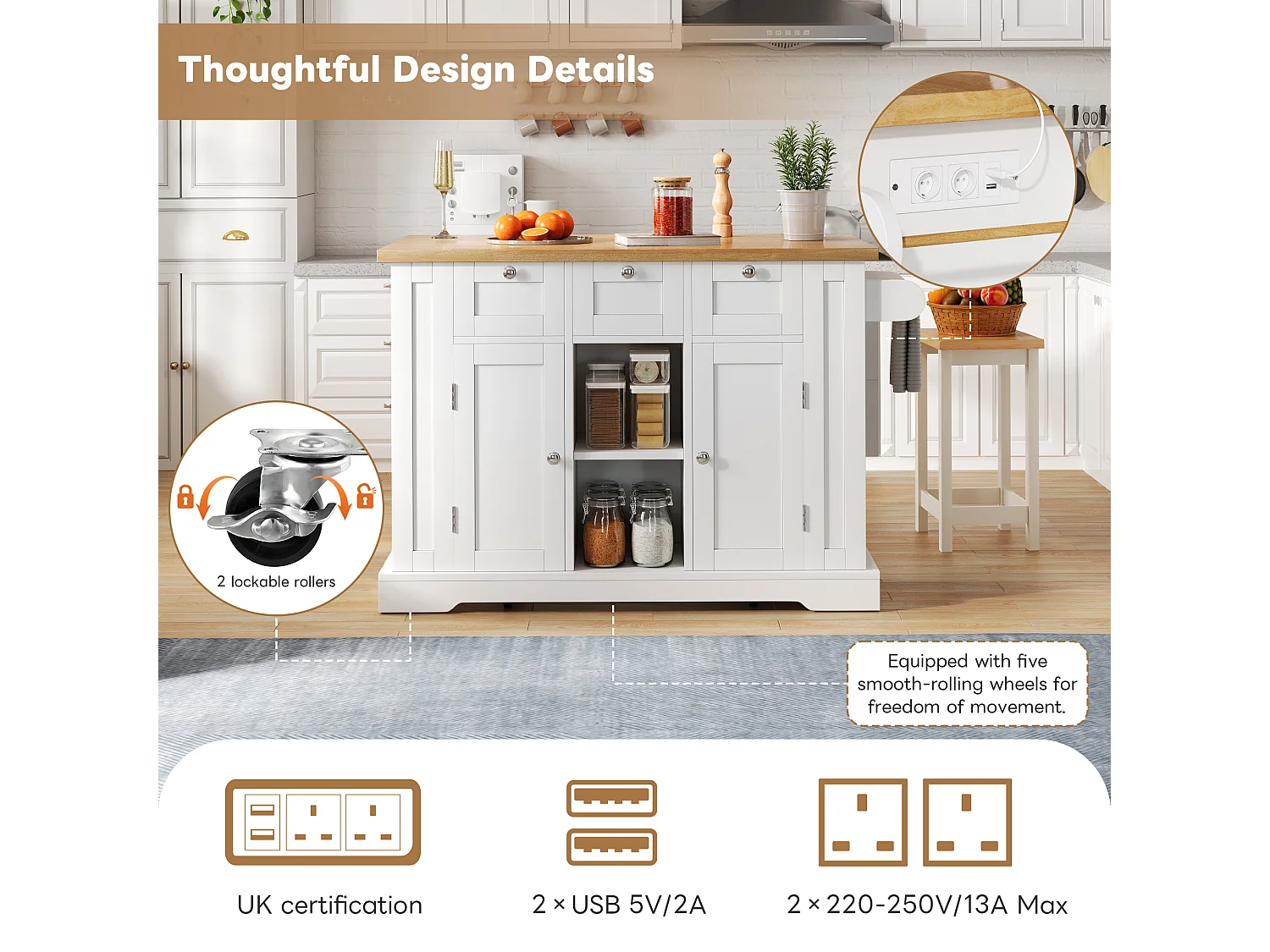 Mobile kitchen island - with USB port - extendable top - 3 drawers and 2 doors - with towel rail - MDF - White