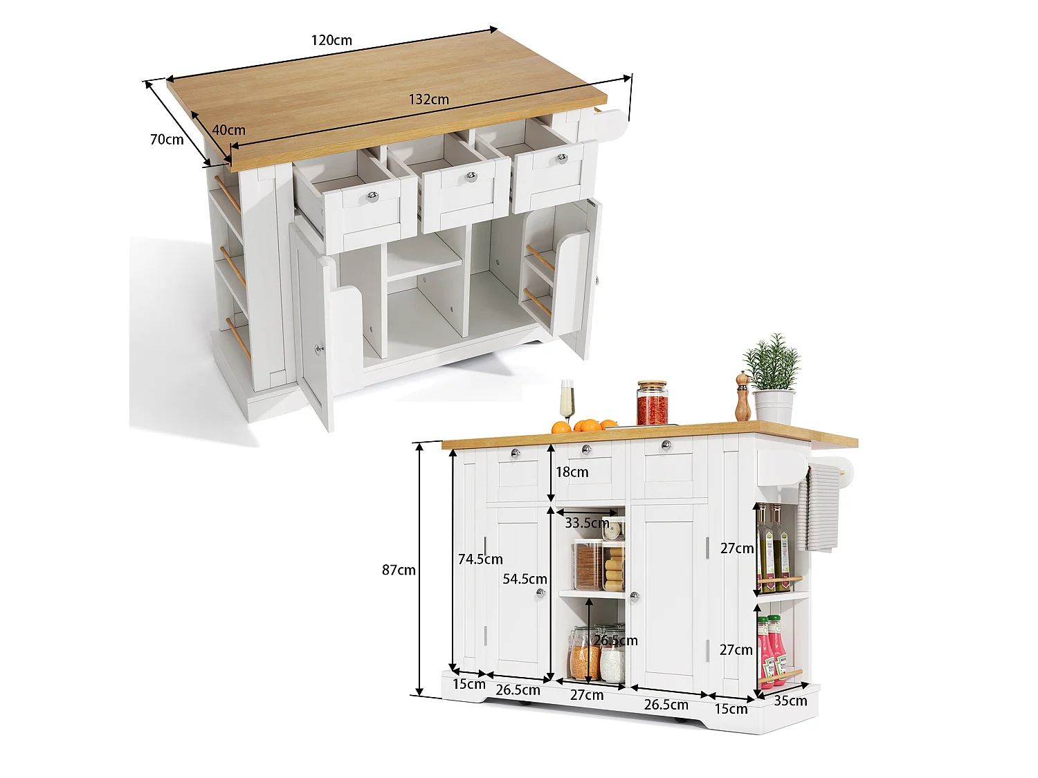 Mobile kitchen island - with USB port - extendable top - 3 drawers and 2 doors - with towel rail - MDF - White