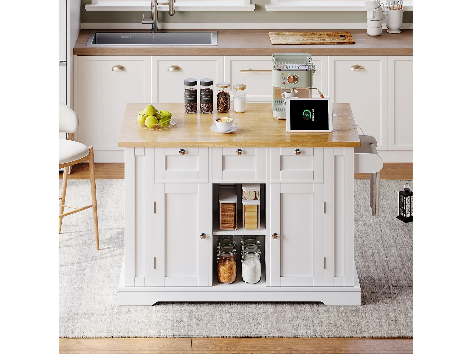 Mobile kitchen island - with USB port - extendable top - 3 drawers and 2 doors - with towel rail - MDF - White