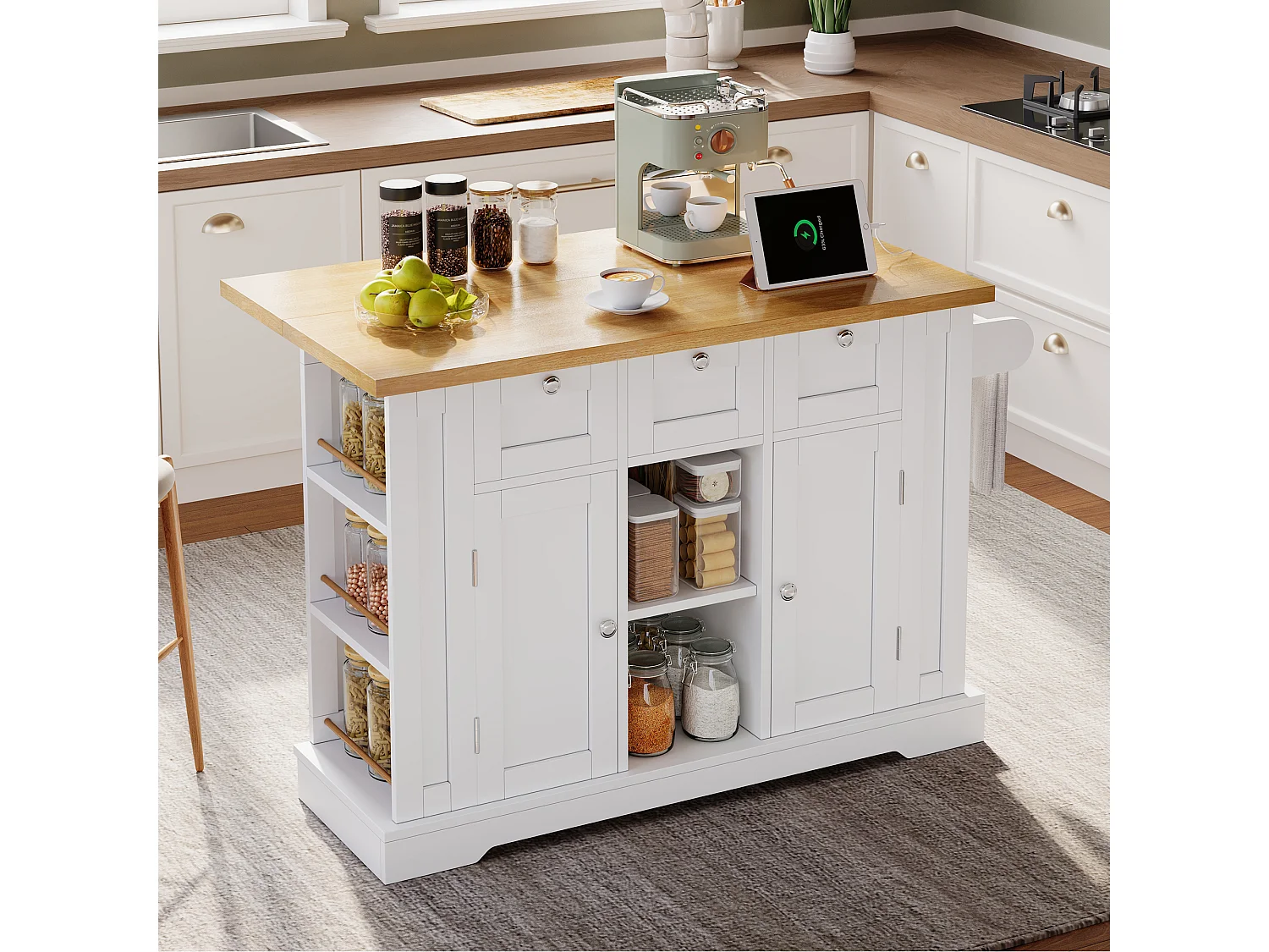 Mobile kitchen island - with USB port - extendable top - 3 drawers and 2 doors - with towel rail - MDF - White