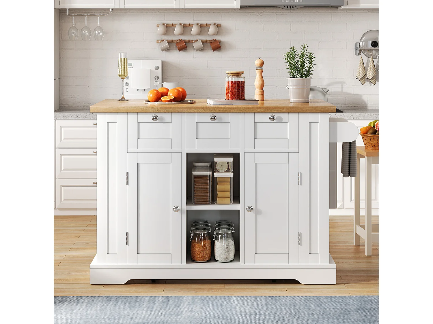 Mobile kitchen island - with USB port - extendable top - 3 drawers and 2 doors - with towel rail - MDF - White