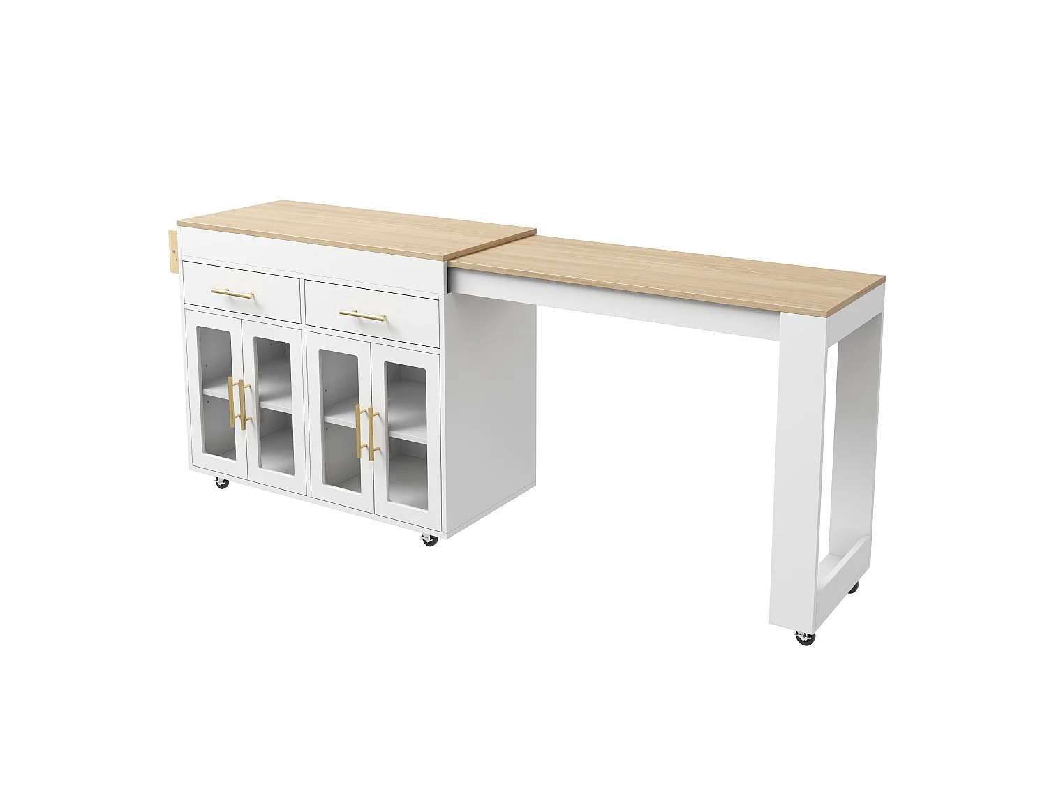 Îlot de cuisine - avec roulettes - plateau de table extensible - avec espace de rangement - blanc