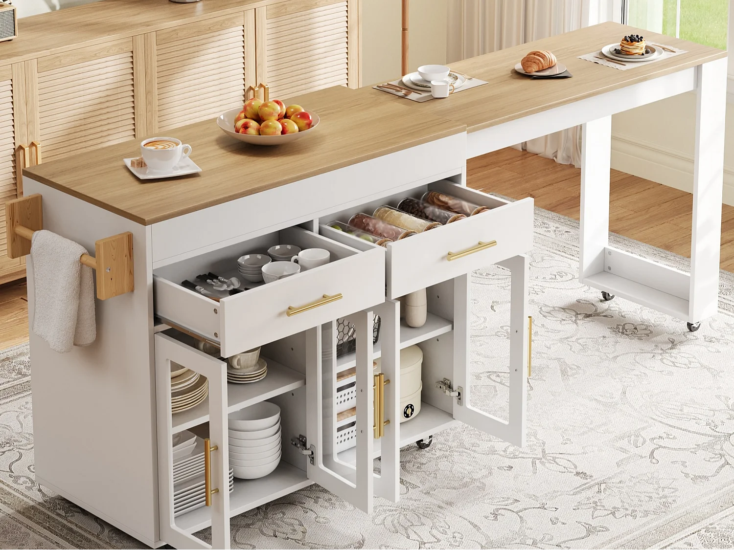 Îlot de cuisine - avec roulettes - plateau de table extensible - avec espace de rangement - blanc