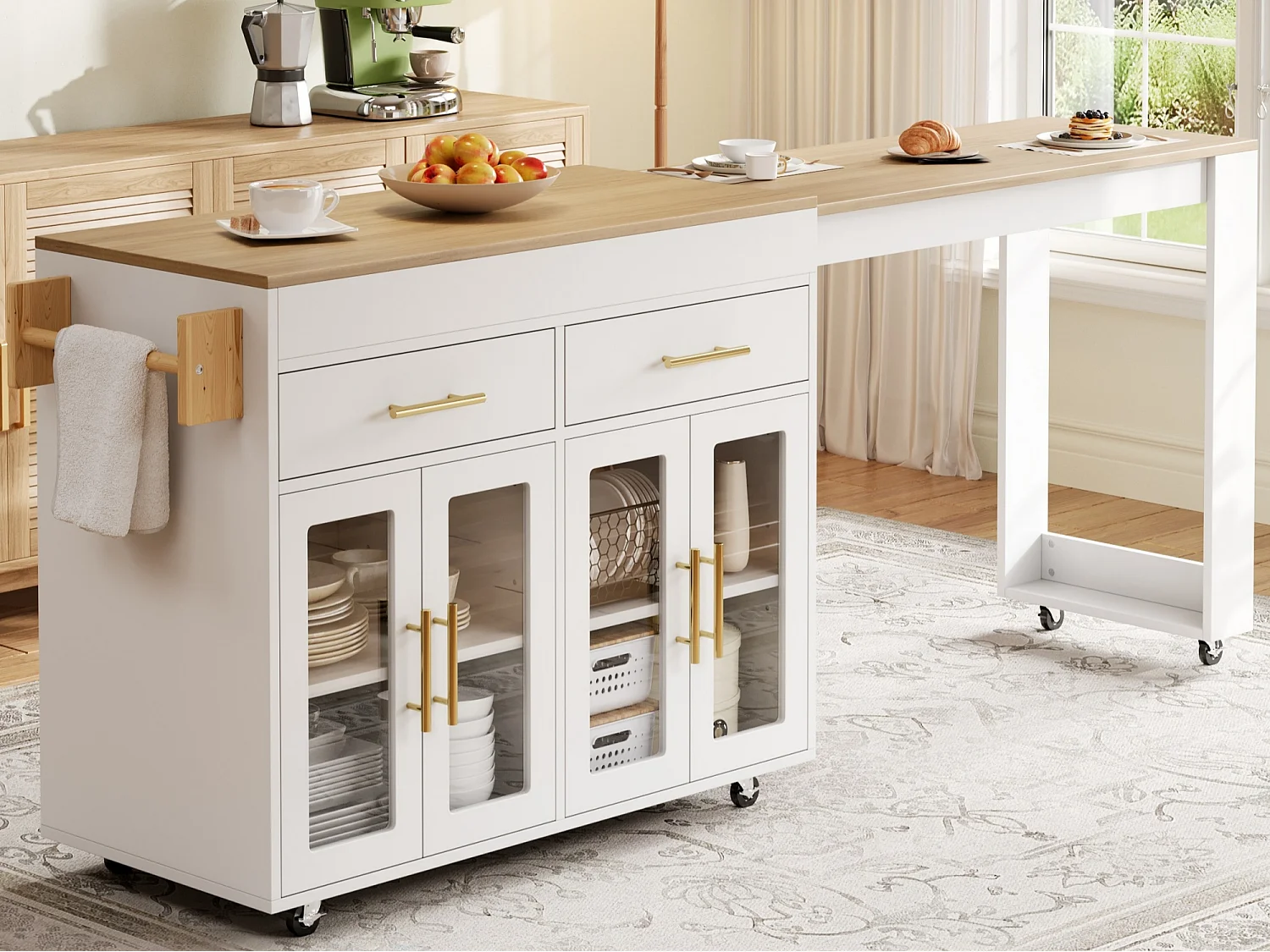 Îlot de cuisine - avec roulettes - plateau de table extensible - avec espace de rangement - blanc