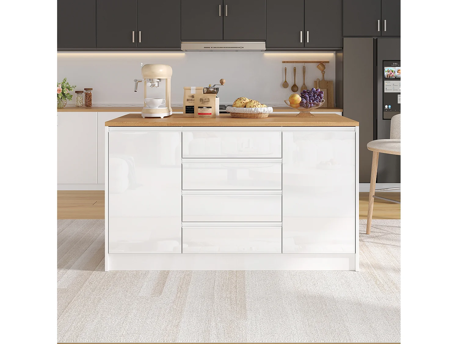 Mobil köksö - hopfällbart matbord - med 2 dörrar och 4 lådor - högblank panel - modern stil - vit