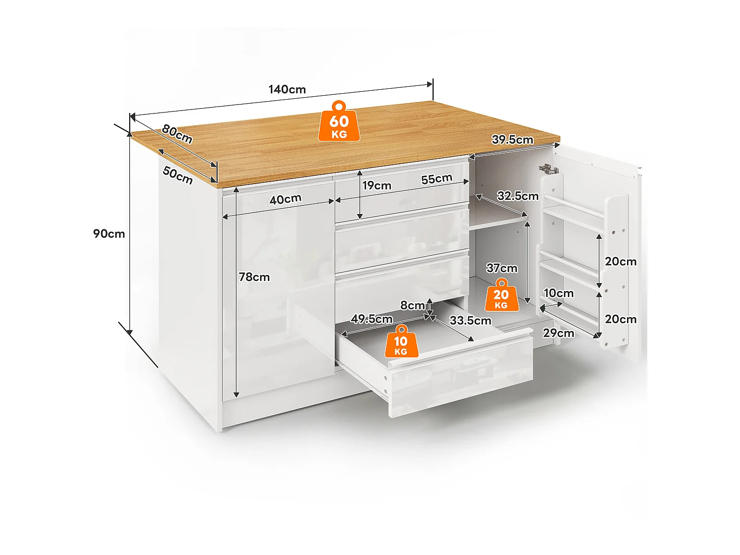 Mobil köksö - hopfällbart matbord - med 2 dörrar och 4 lådor - högblank panel - modern stil - vit