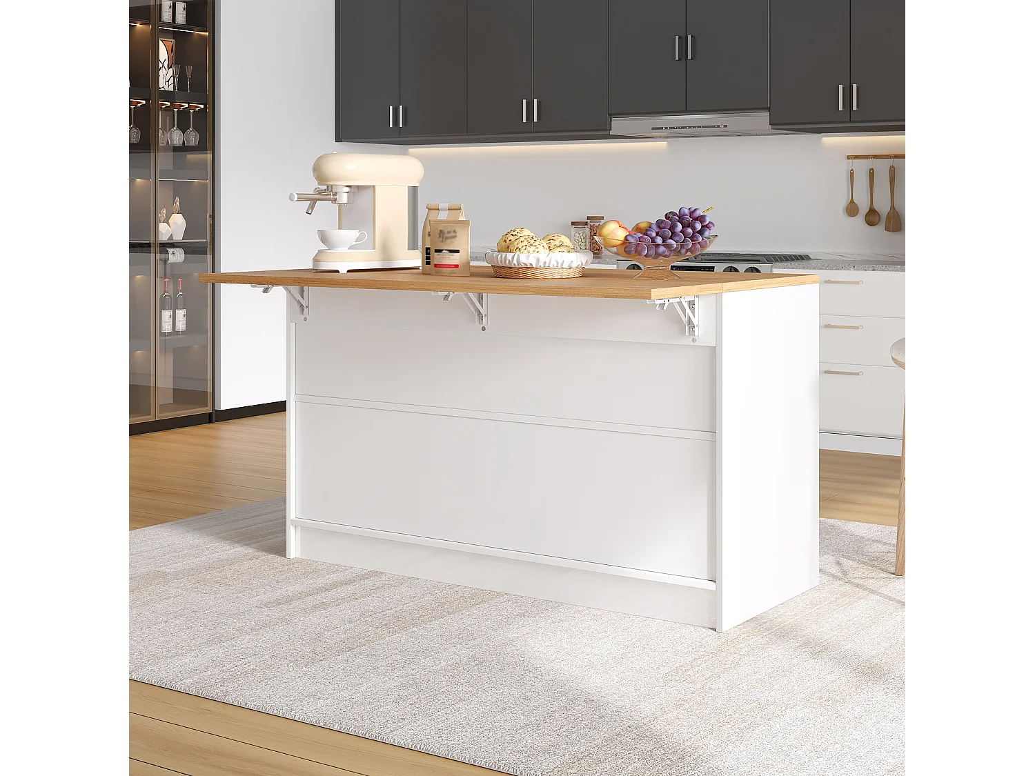 Mobil köksö - hopfällbart matbord - med 2 dörrar och 4 lådor - högblank panel - modern stil - vit