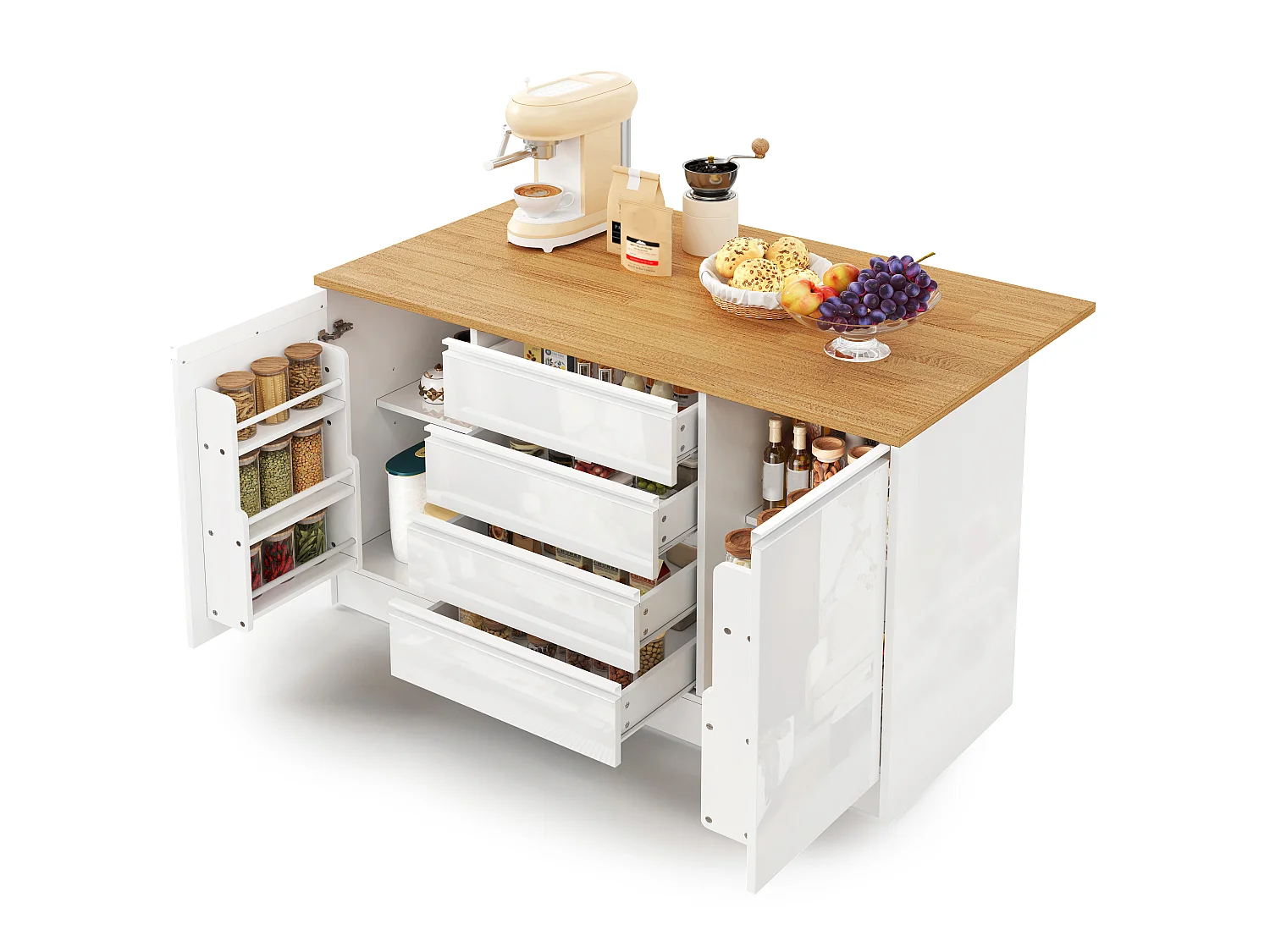 Mobil köksö - hopfällbart matbord - med 2 dörrar och 4 lådor - högblank panel - modern stil - vit