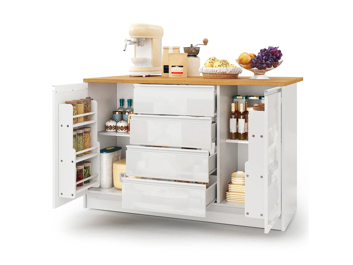 Mobil köksö - hopfällbart matbord - med 2 dörrar och 4 lådor - högblank panel - modern stil - vit