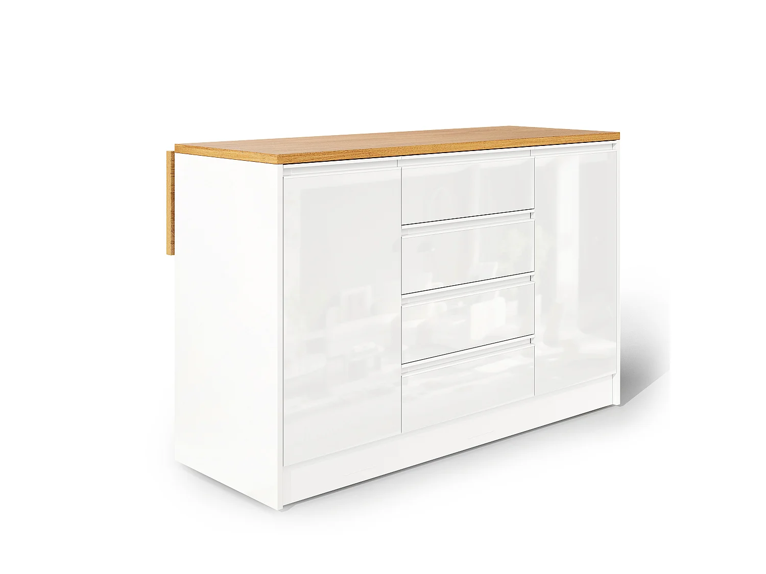 Mobil köksö - hopfällbart matbord - med 2 dörrar och 4 lådor - högblank panel - modern stil - vit