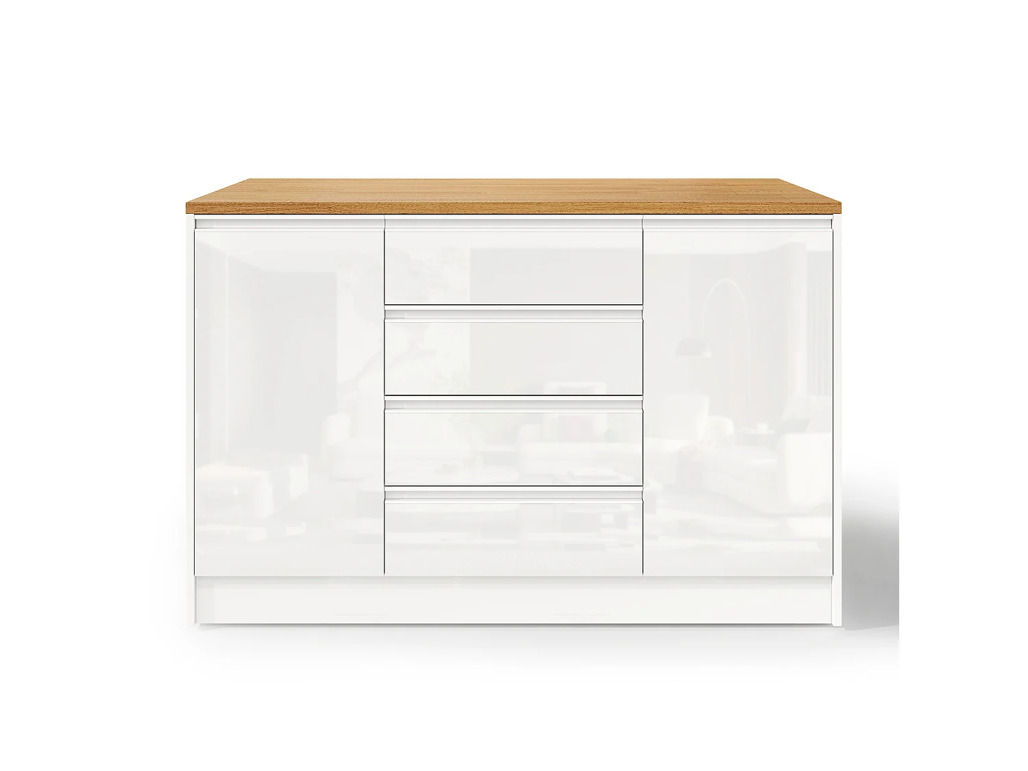 Mobil köksö - hopfällbart matbord - med 2 dörrar och 4 lådor - högblank panel - modern stil - vit