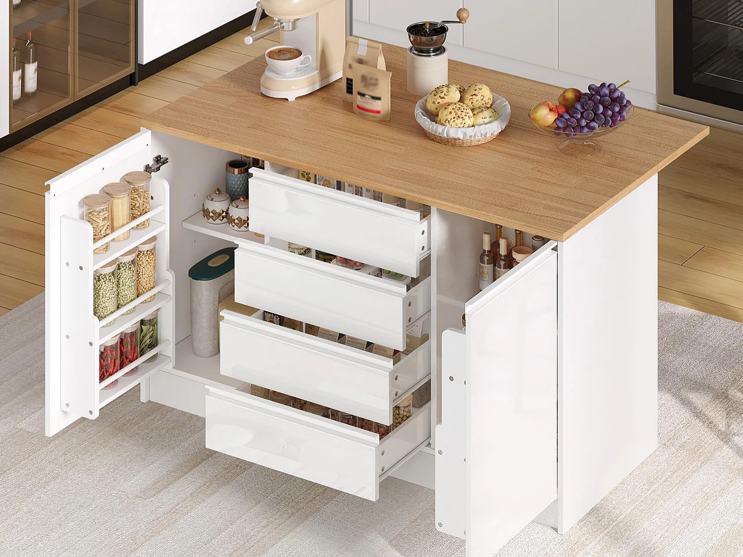 Mobil köksö - hopfällbart matbord - med 2 dörrar och 4 lådor - högblank panel - modern stil - vit