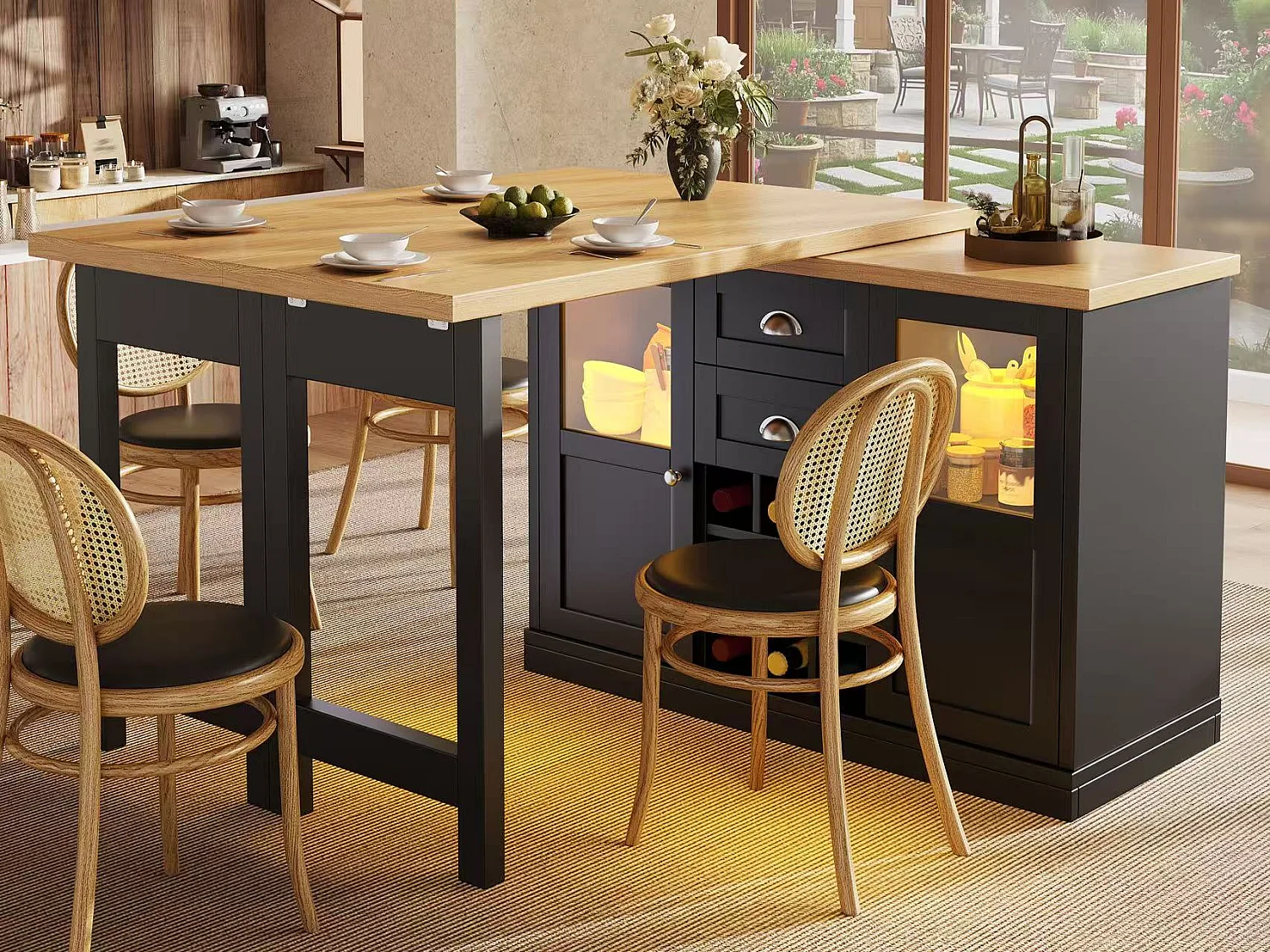 Îlot Central de Cuisine Pivotant à 360° et Extensible 120-197cm - avec Rangement, Range-Bouteilles et Éclairage LED - Noir