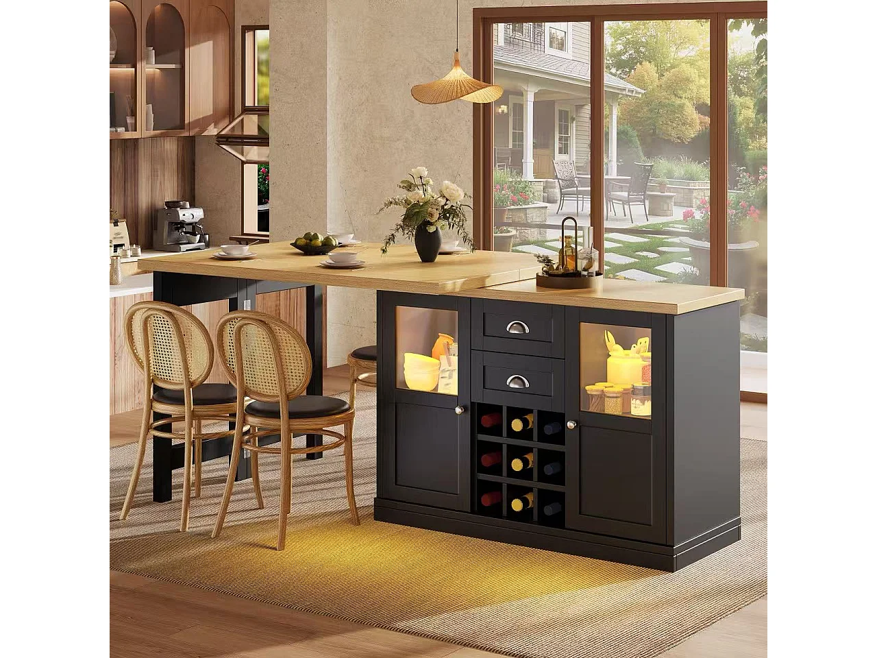 Îlot Central de Cuisine Pivotant à 360° et Extensible 120-197cm - avec Rangement, Range-Bouteilles et Éclairage LED - Noir