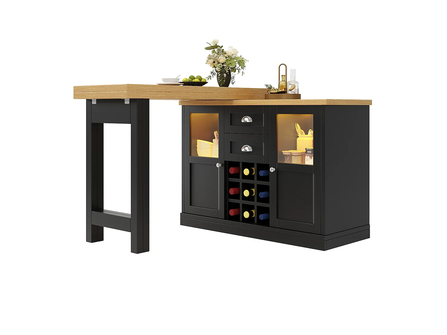 Îlot Central de Cuisine Pivotant à 360° et Extensible 120-197cm - avec Rangement, Range-Bouteilles et Éclairage LED - Noir