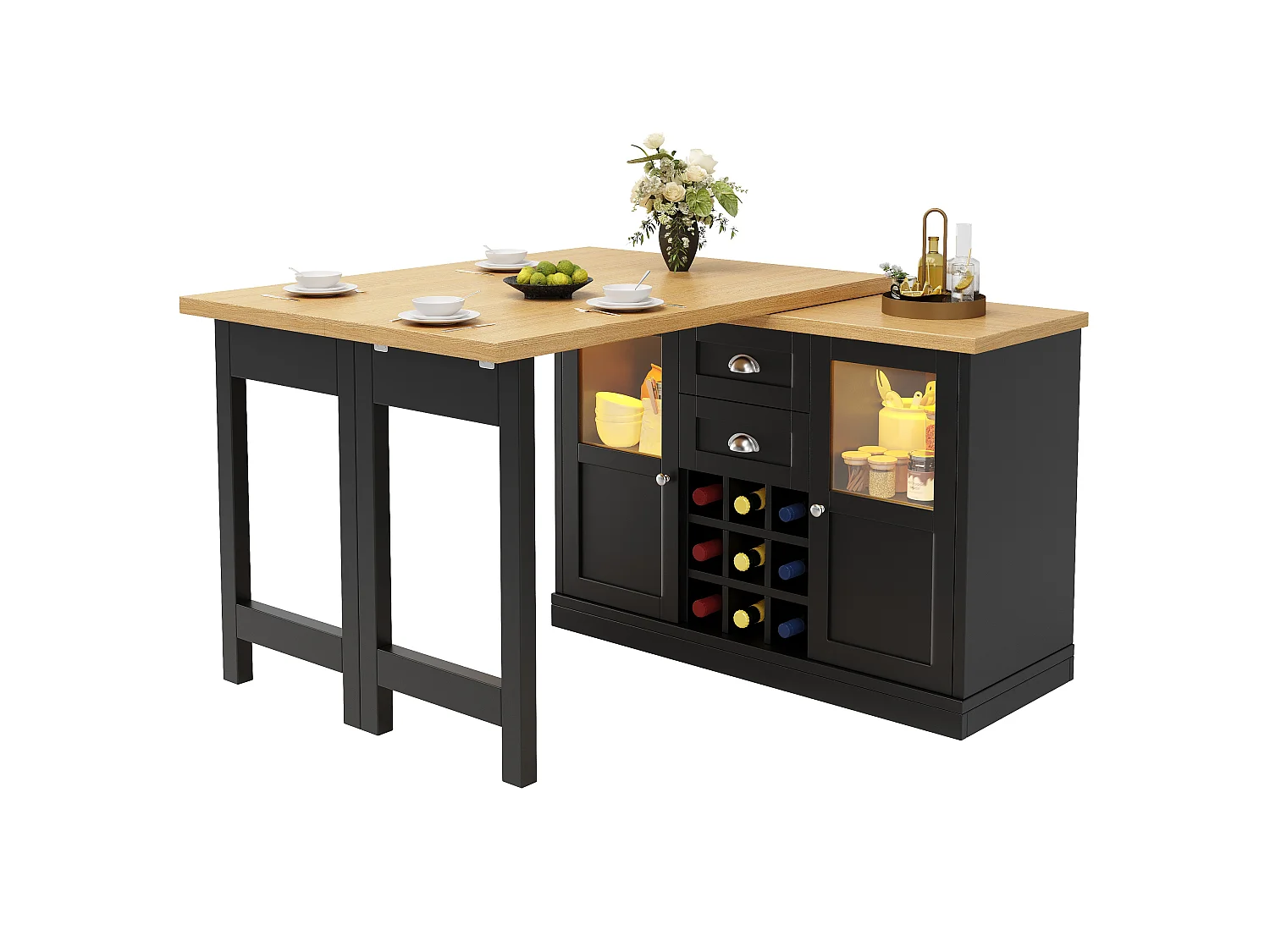 Îlot Central de Cuisine Pivotant à 360° et Extensible 120-197cm - avec Rangement, Range-Bouteilles et Éclairage LED - Noir