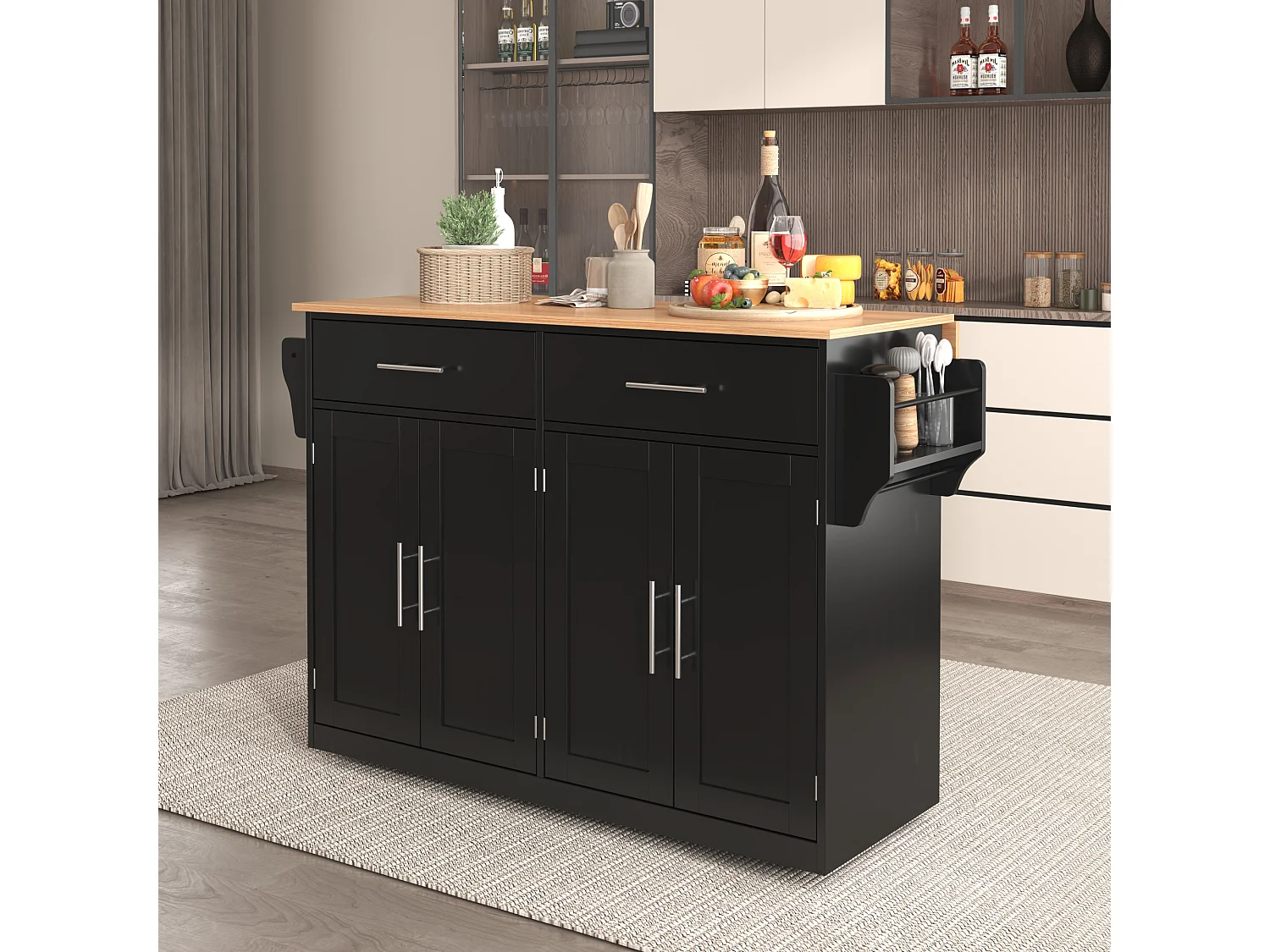 Kitchen island - 2 drawers and 4 compartments - casters or wooden legs - Black