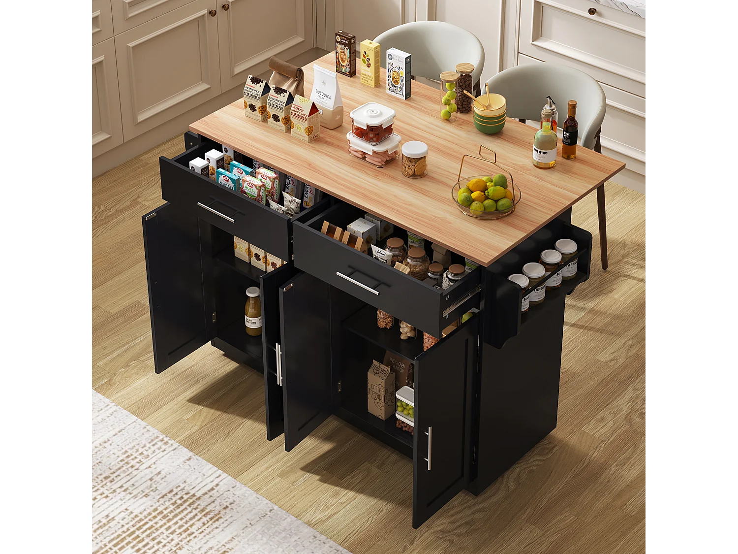 Kitchen island - 2 drawers and 4 compartments - casters or wooden legs - Black