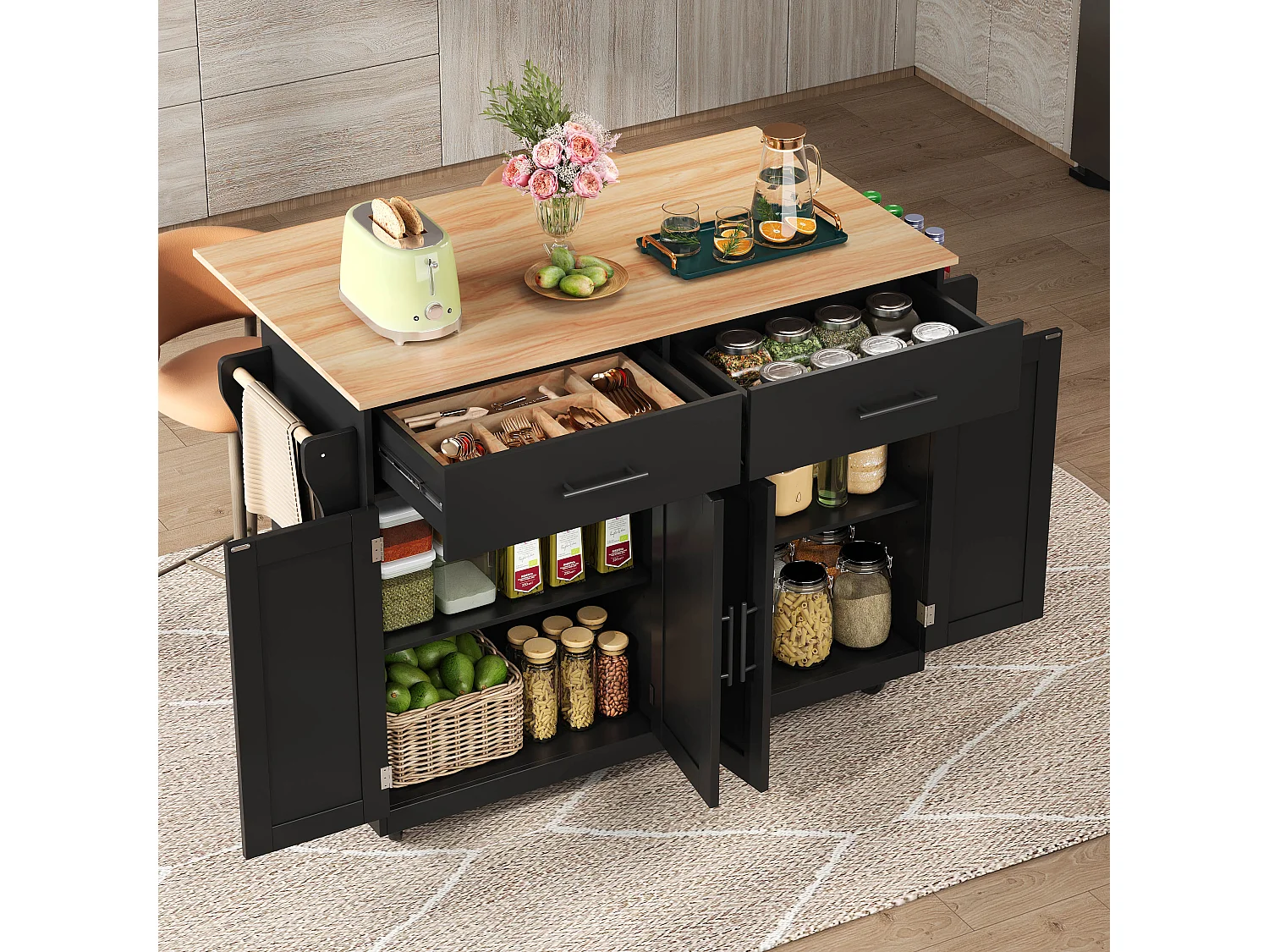 Kitchen island - 2 drawers and 4 compartments - casters or wooden legs - Black