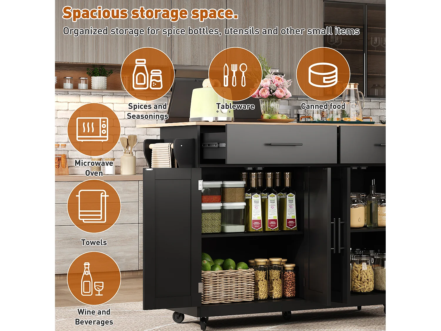 Kitchen island - 2 drawers and 4 compartments - casters or wooden legs - Black