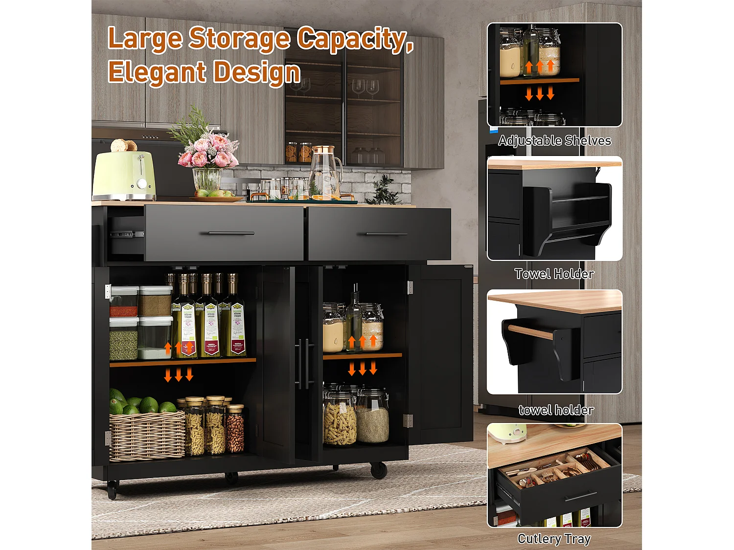 Kitchen island - 2 drawers and 4 compartments - casters or wooden legs - Black