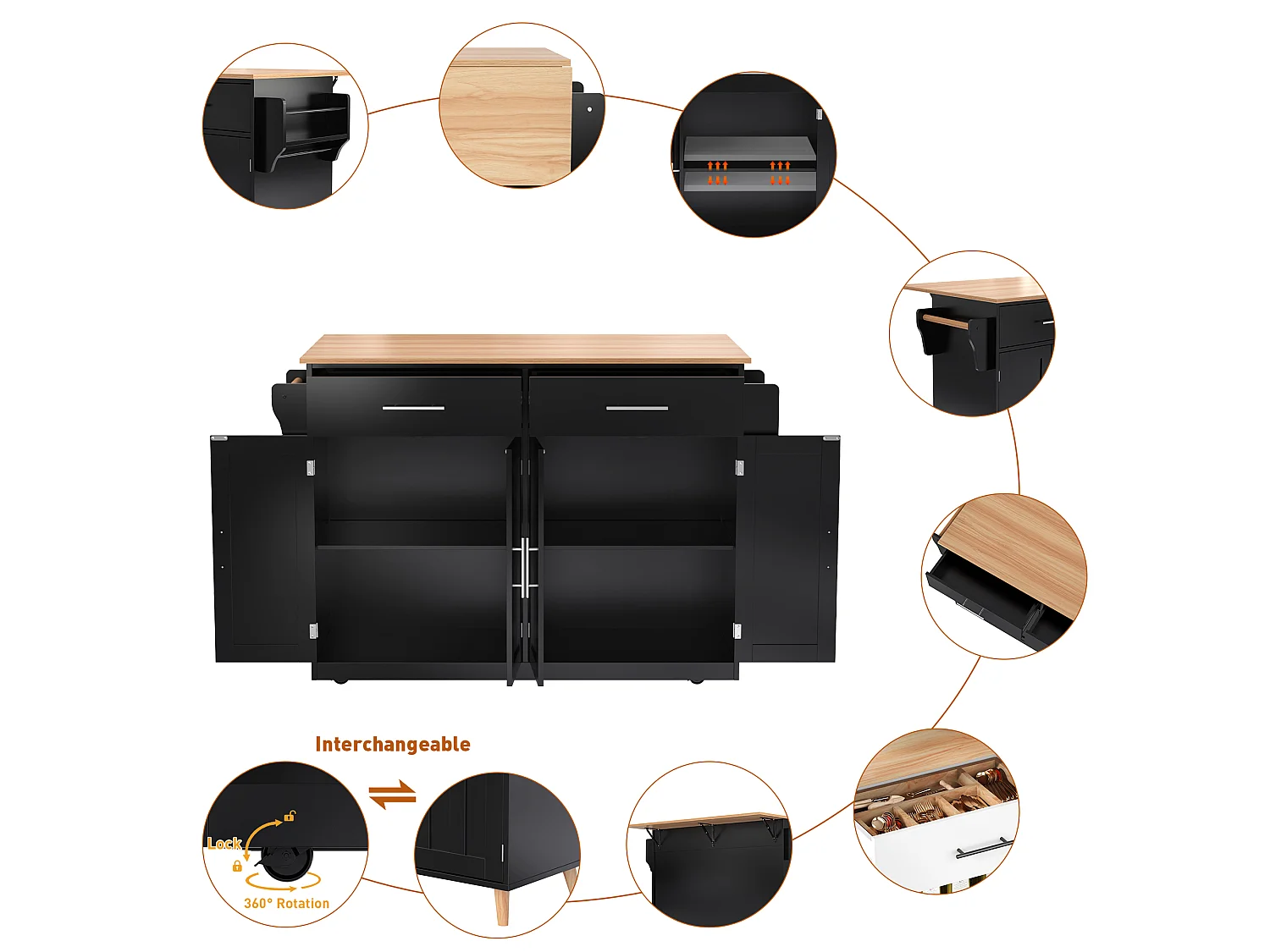 Kitchen island - 2 drawers and 4 compartments - casters or wooden legs - Black