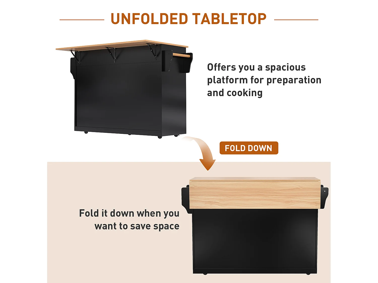 Kitchen island - 2 drawers and 4 compartments - casters or wooden legs - Black