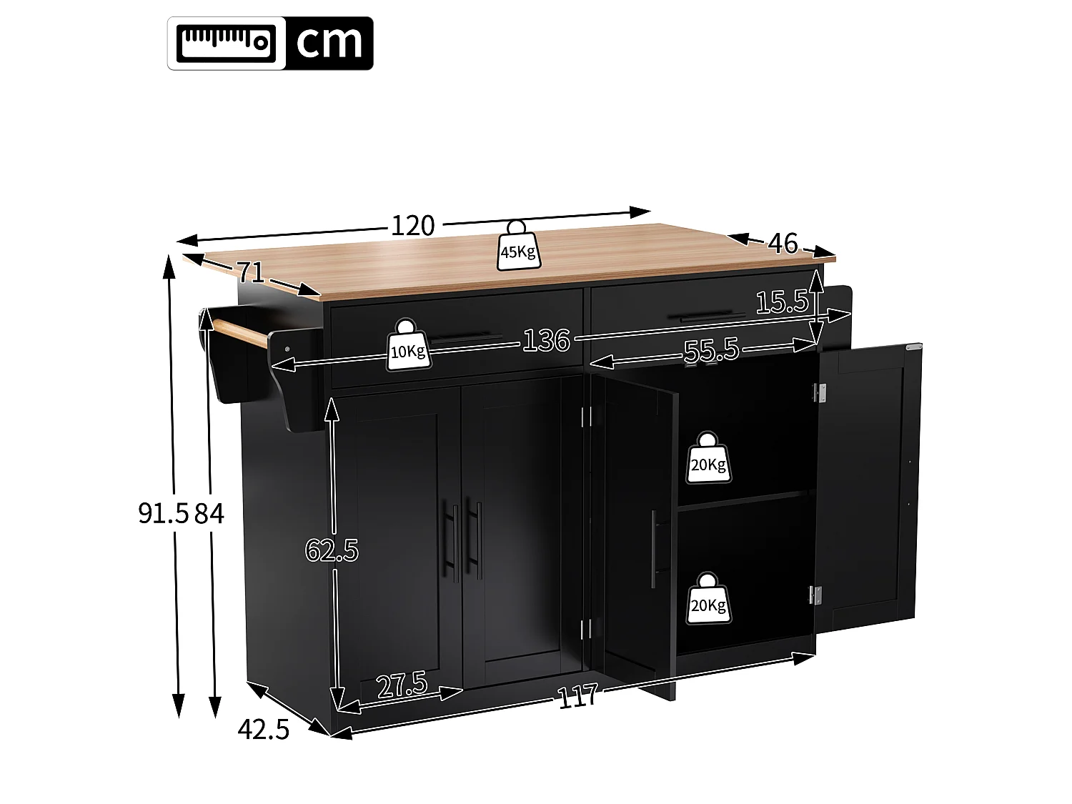 Kitchen island - 2 drawers and 4 compartments - casters or wooden legs - Black