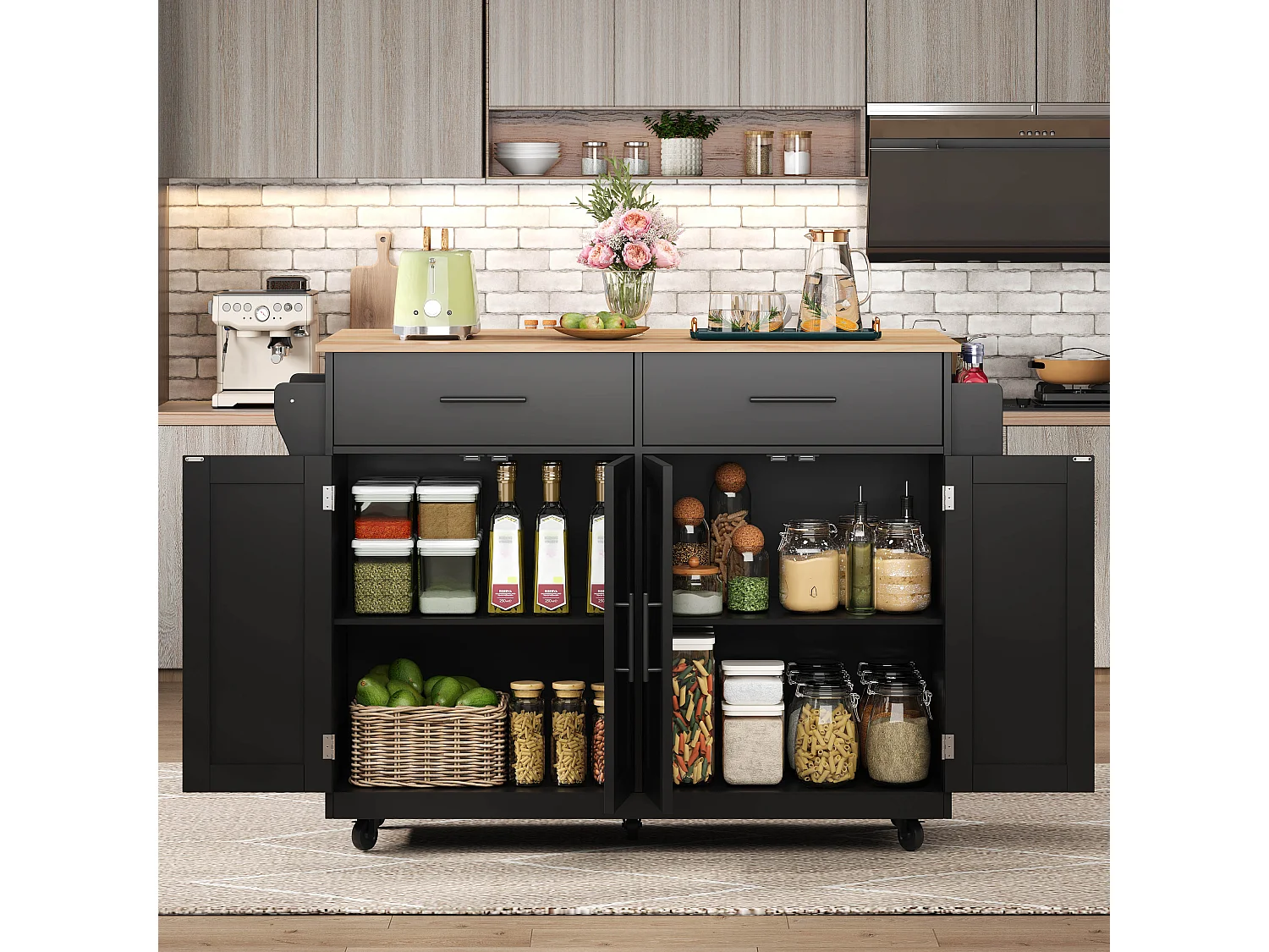 Kitchen island - 2 drawers and 4 compartments - casters or wooden legs - Black