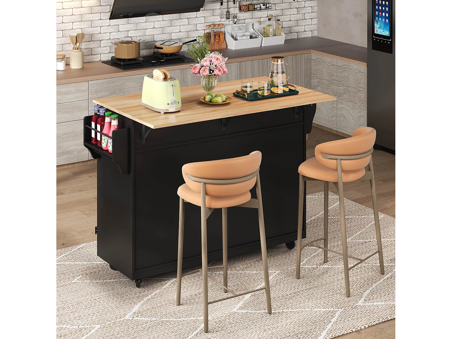 Kitchen island - 2 drawers and 4 compartments - casters or wooden legs - Black