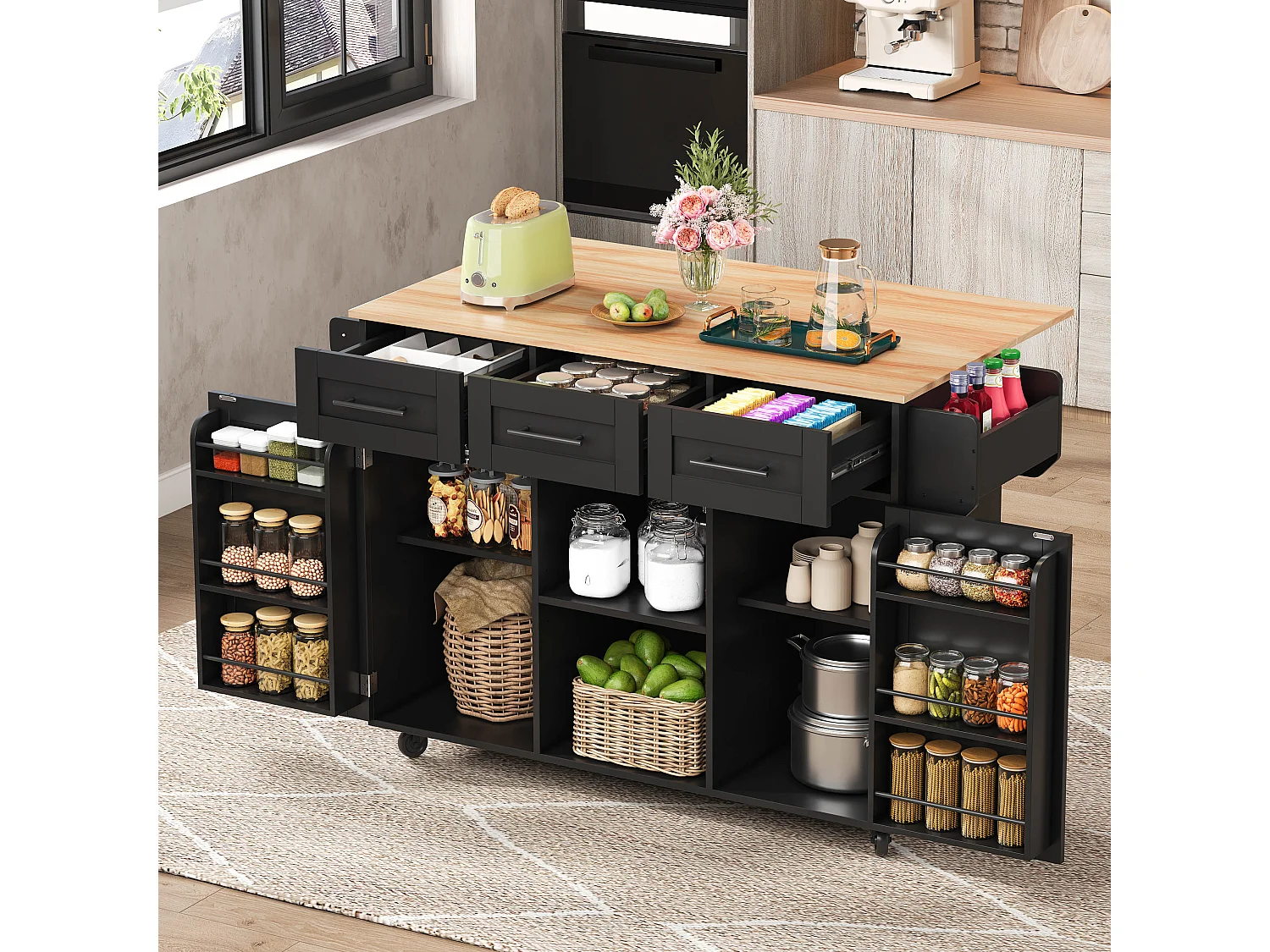 Kitchen island with 3 drawers and storage doors - Extendable top - Casters or wooden legs - Black