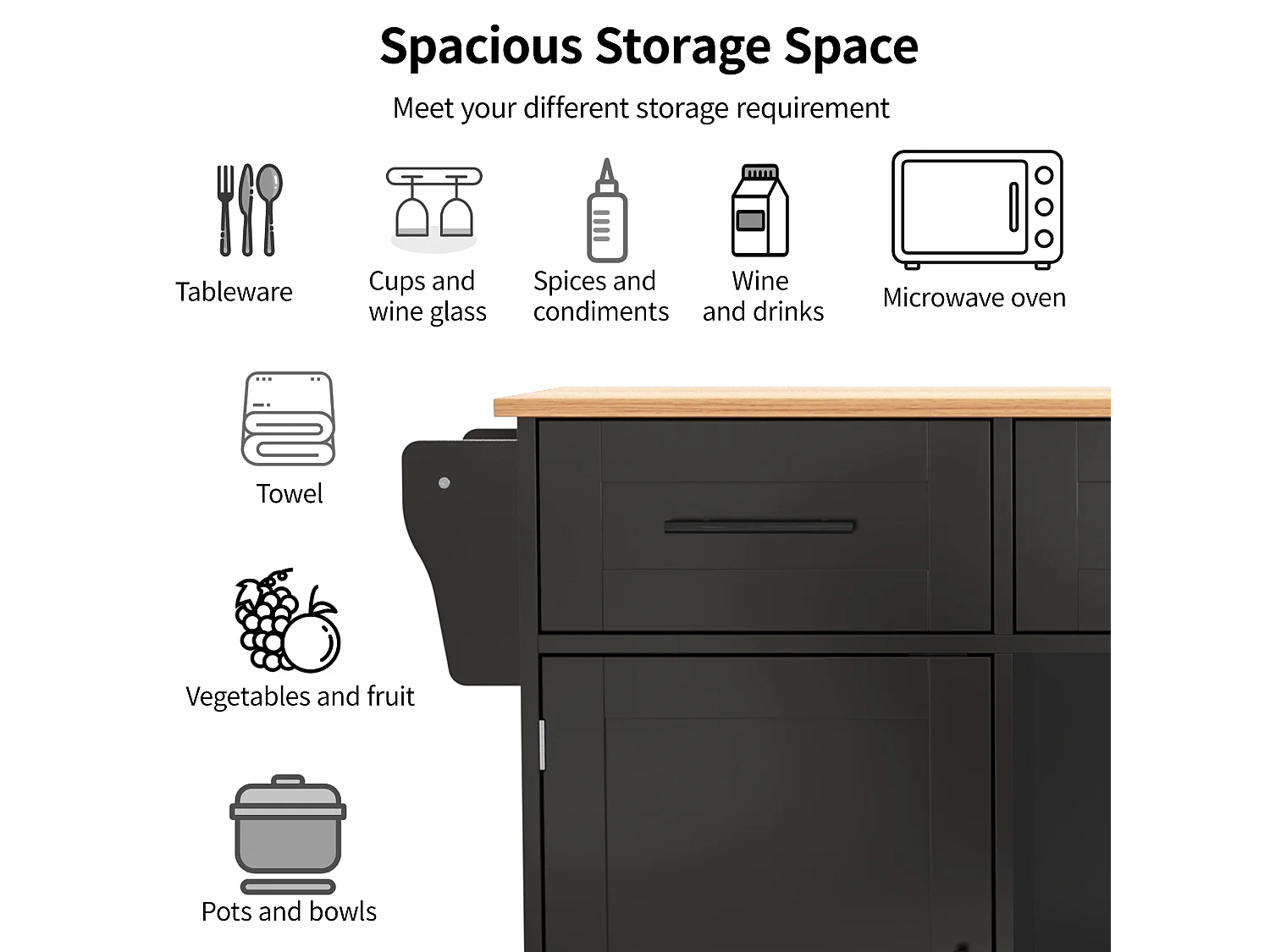 Kitchen island with 3 drawers and storage doors - Extendable top - Casters or wooden legs - Black