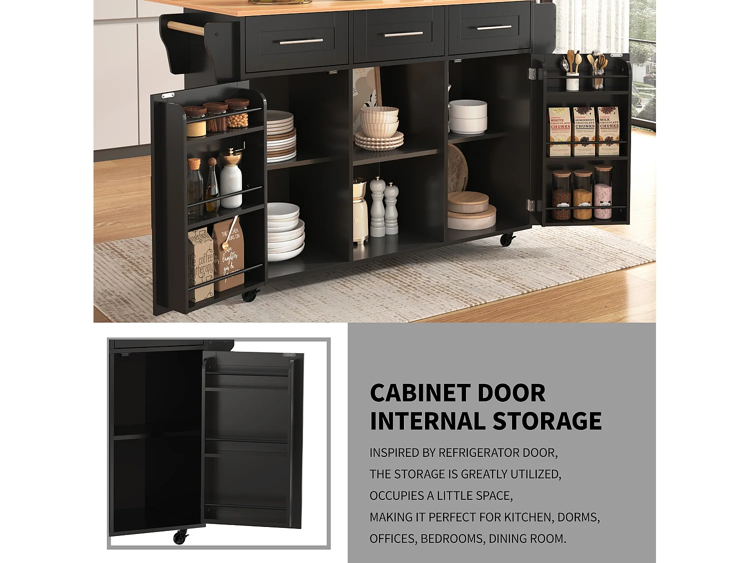 Kitchen island with 3 drawers and storage doors - Extendable top - Casters or wooden legs - Black