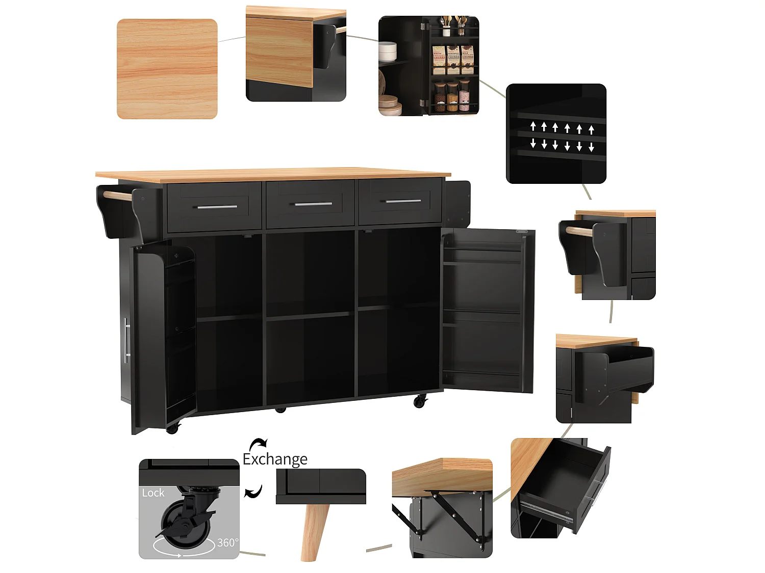 Kitchen island with 3 drawers and storage doors - Extendable top - Casters or wooden legs - Black