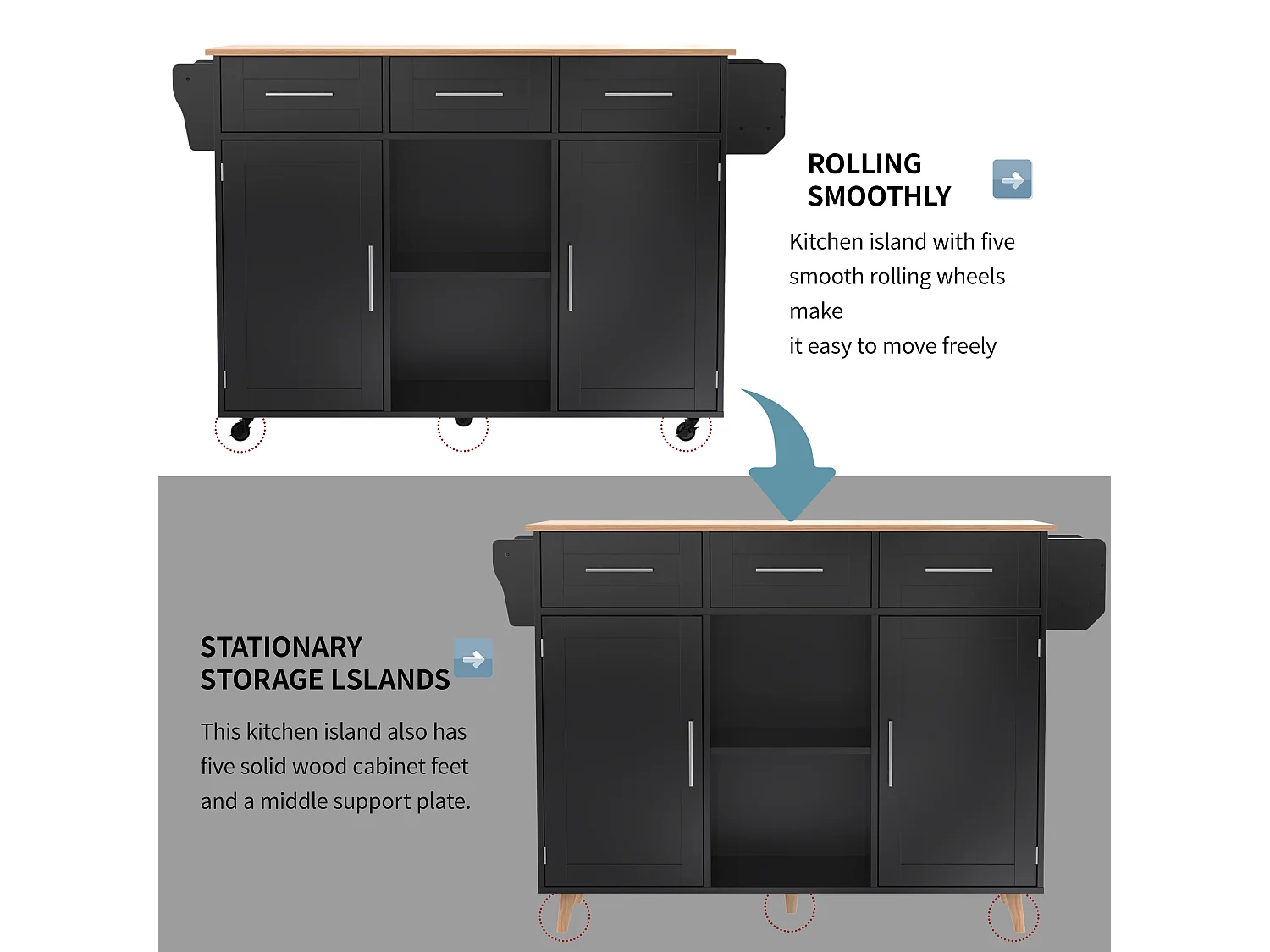 Kitchen island with 3 drawers and storage doors - Extendable top - Casters or wooden legs - Black