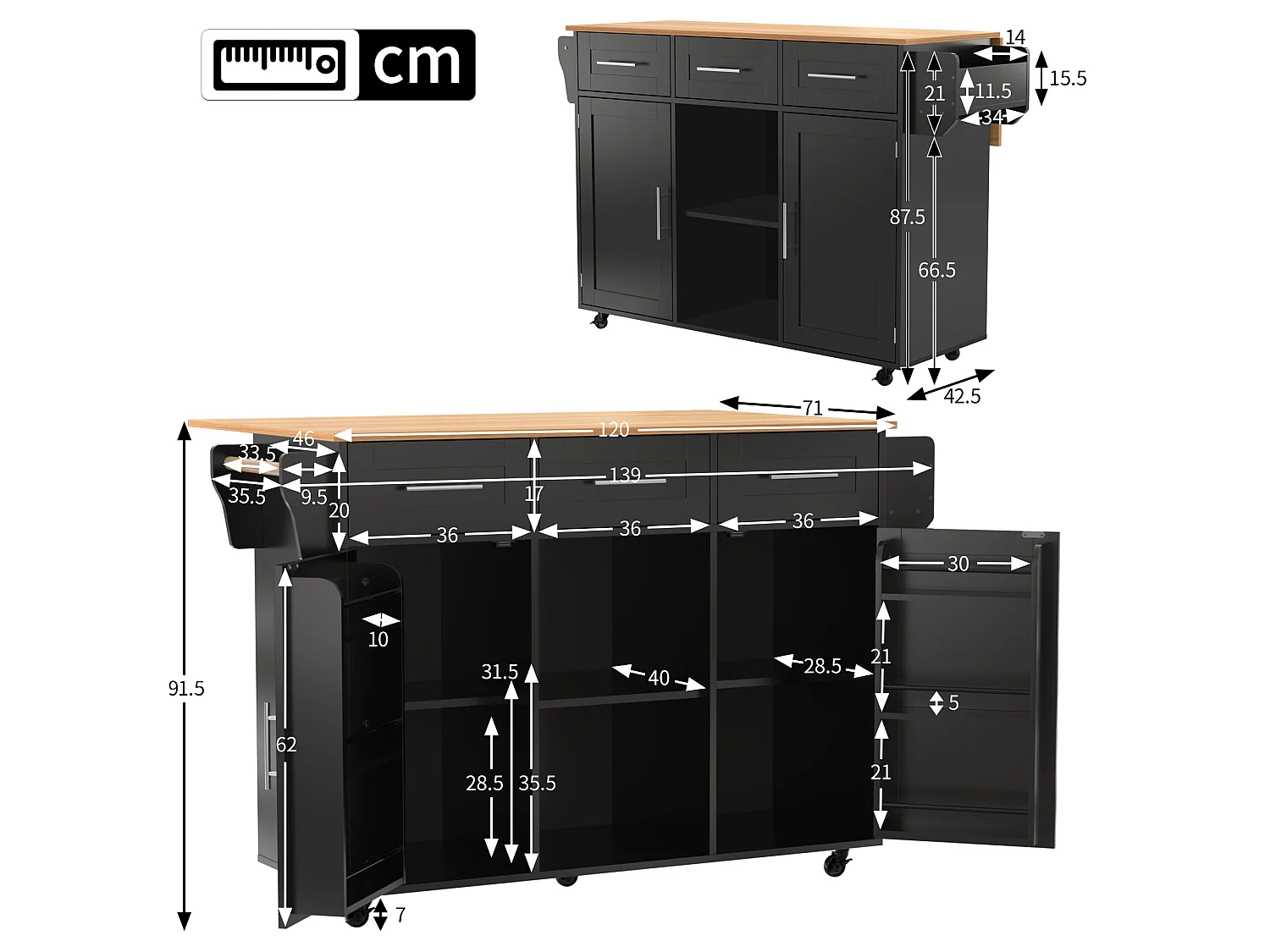 Kitchen island with 3 drawers and storage doors - Extendable top - Casters or wooden legs - Black