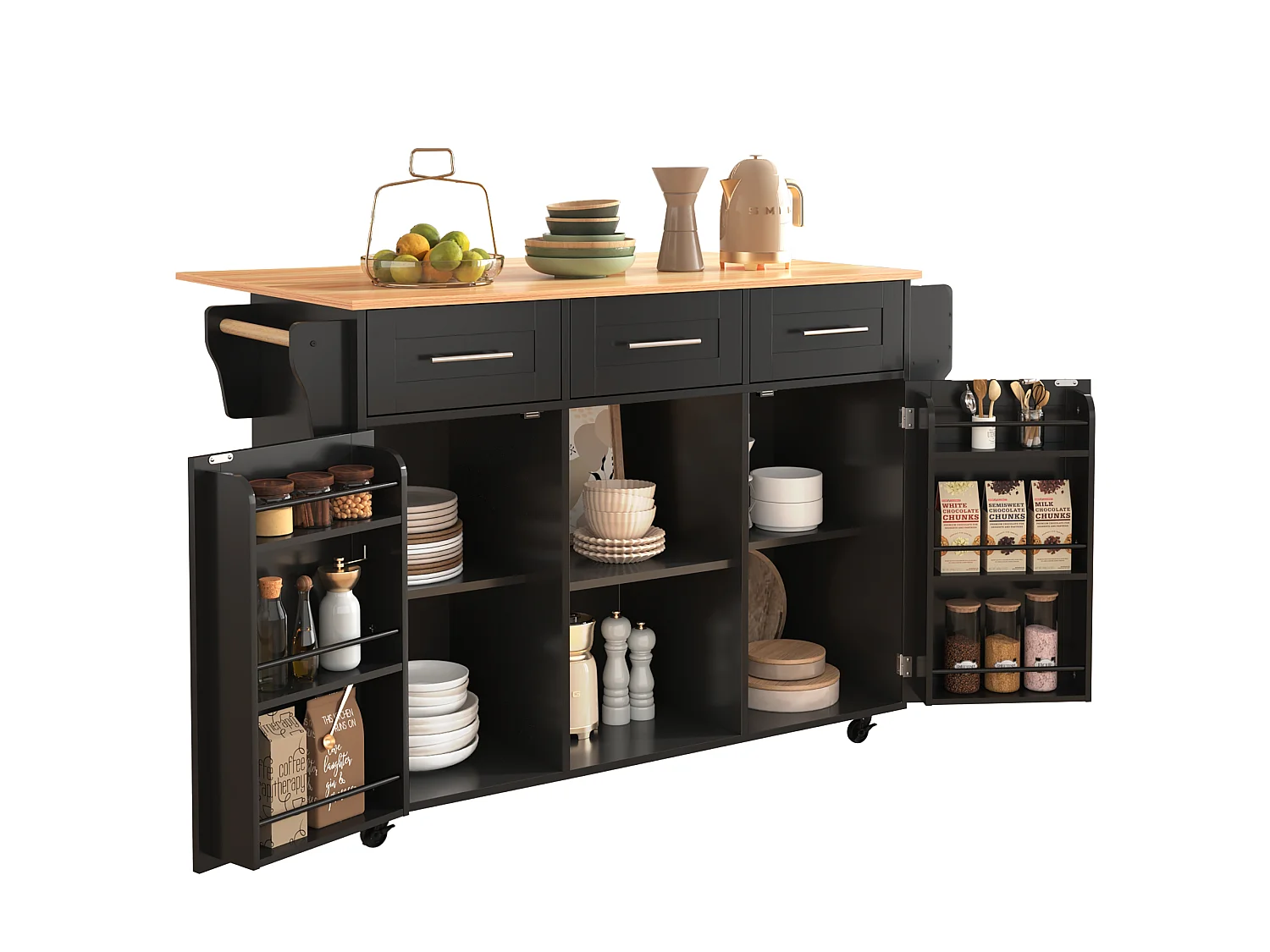 Kitchen island with 3 drawers and storage doors - Extendable top - Casters or wooden legs - Black