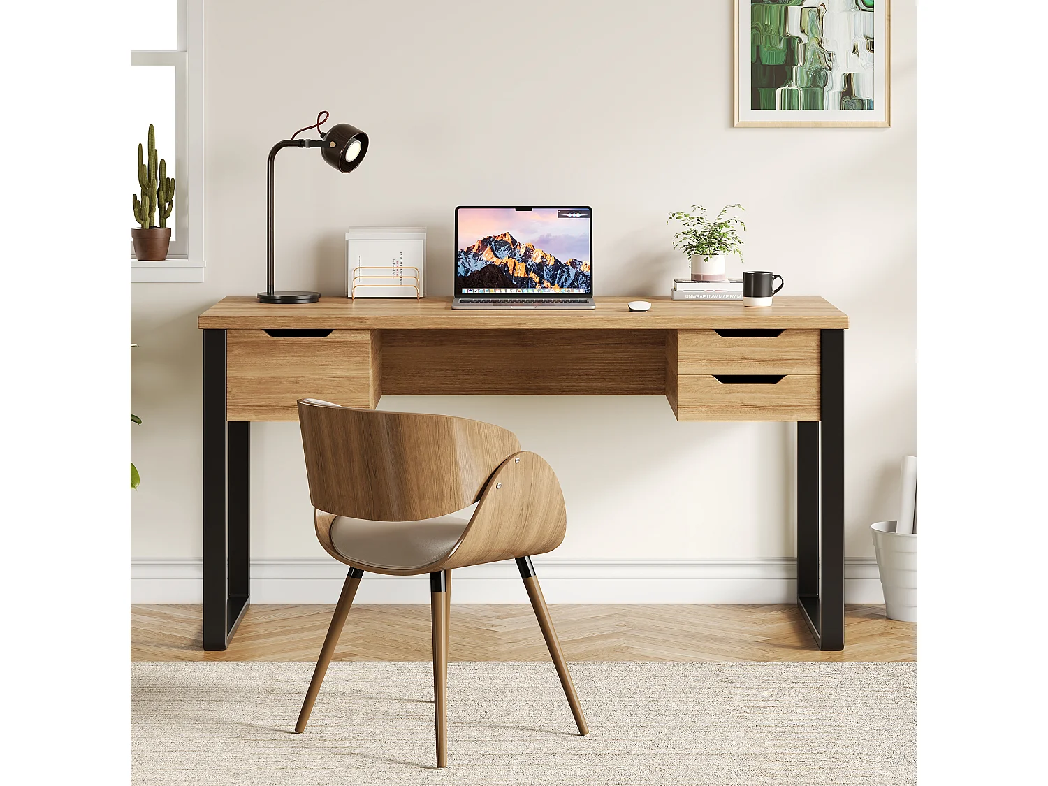 Bureau 130x55x76 cm - 3 tiroirs de rangement - Plateau en mélamine - Pieds en métal - Coloris bois naturel et noir