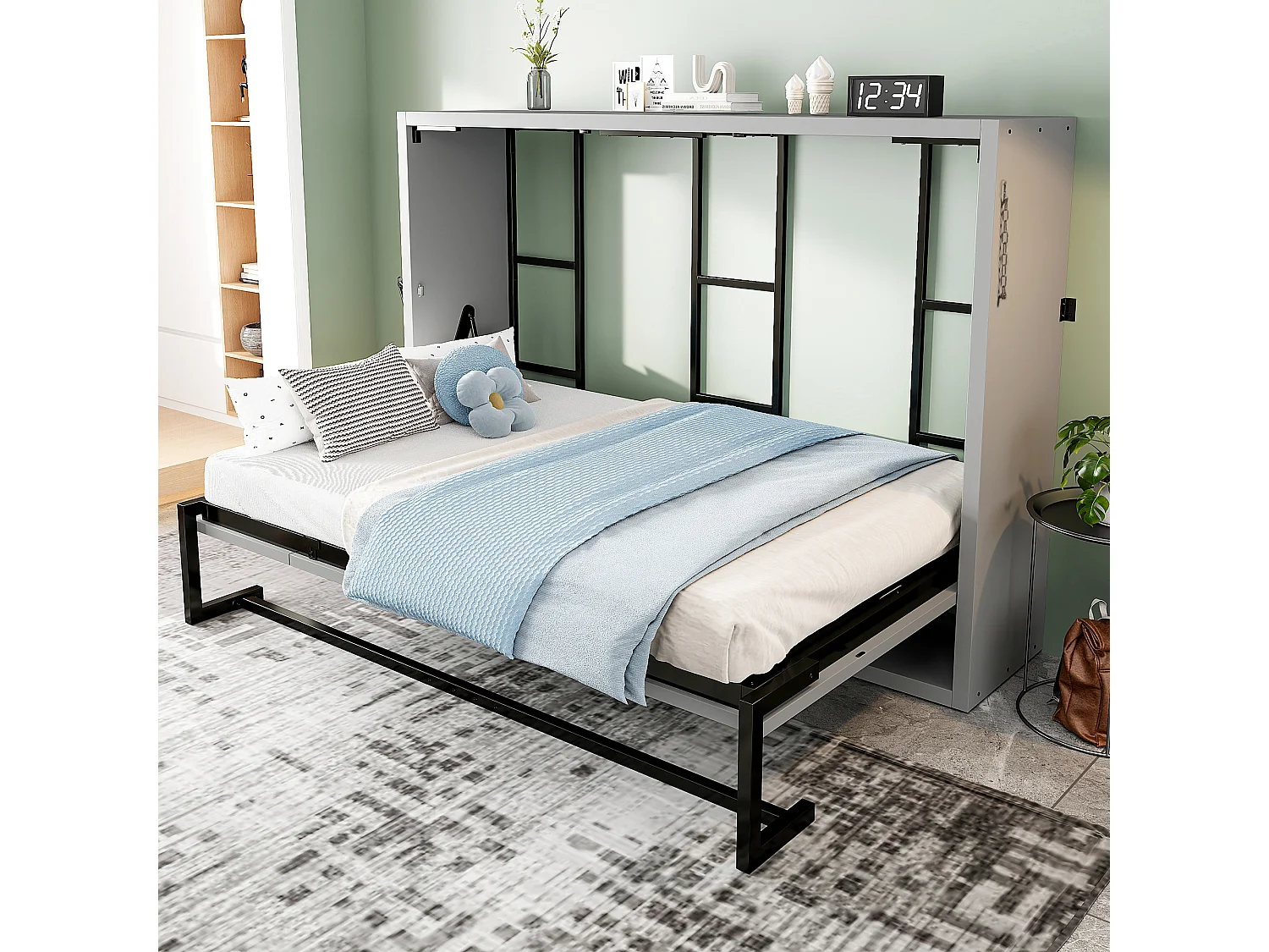 Lit escamotable 140x200 cm - Structure en métal et sommier en bois - Fixation murale verrouillable - gris (matelas non inclus)