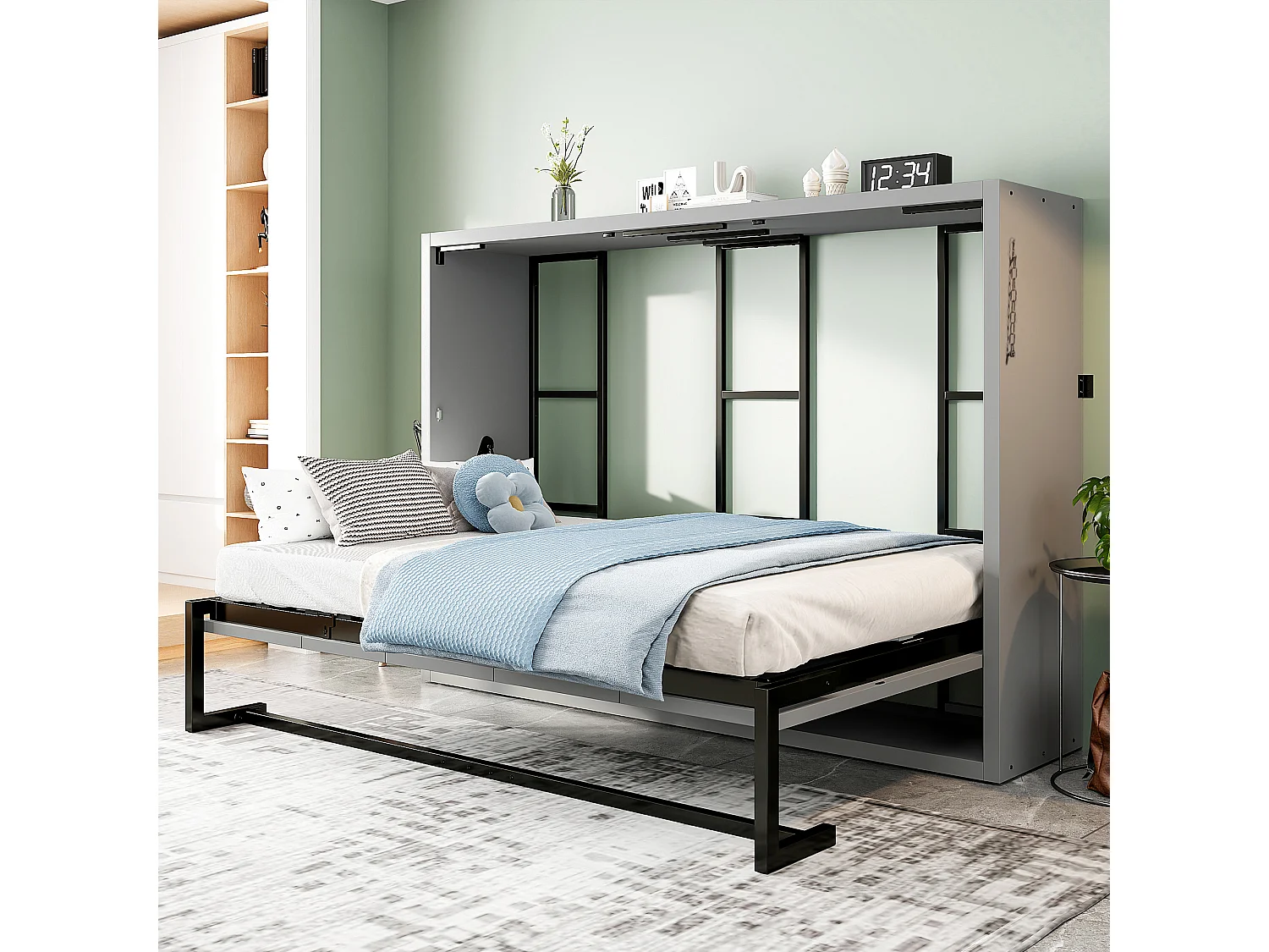 Lit escamotable 140x200 cm - Structure en métal et sommier en bois - Fixation murale verrouillable - gris (matelas non inclus)