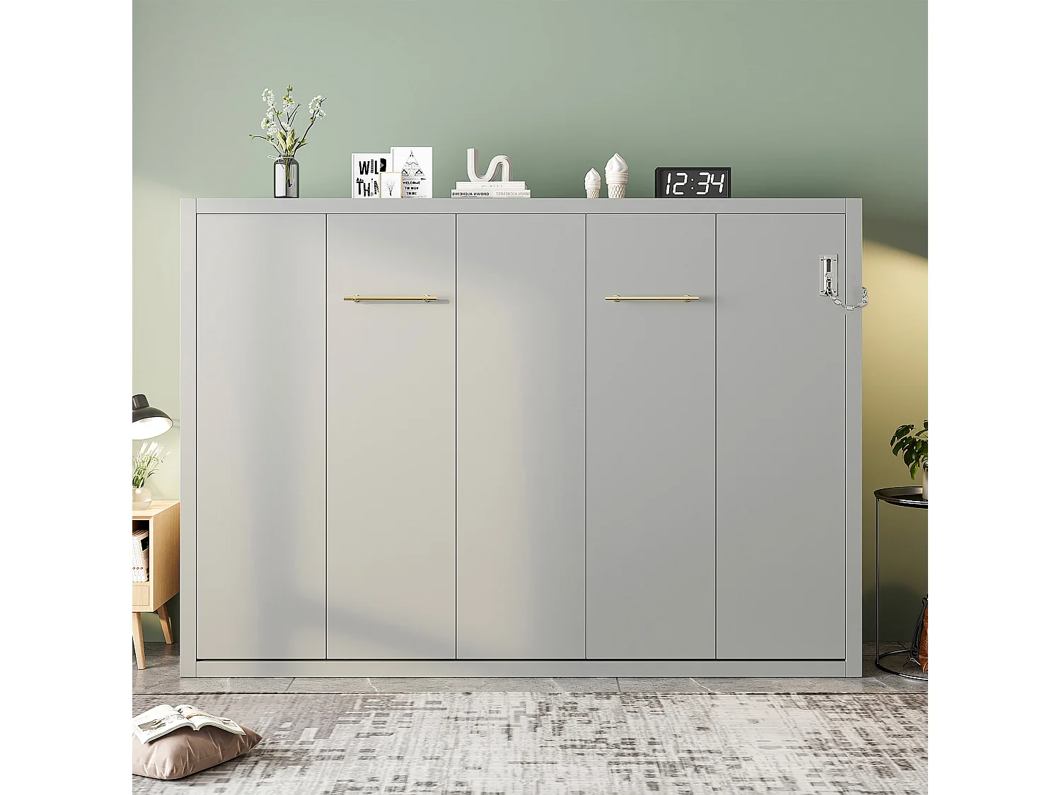 Lit escamotable 140x200 cm - Structure en métal et sommier en bois - Fixation murale verrouillable - gris (matelas non inclus)