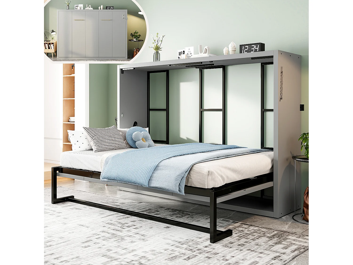 Lit escamotable 140x200 cm - Structure en métal et sommier en bois - Fixation murale verrouillable - gris (matelas non inclus)