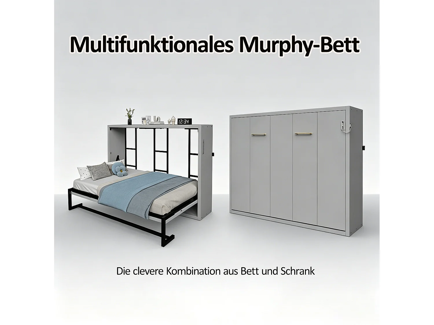 Lit escamotable 140x200 cm - Structure en métal et sommier en bois - Fixation murale verrouillable - gris (matelas non inclus)