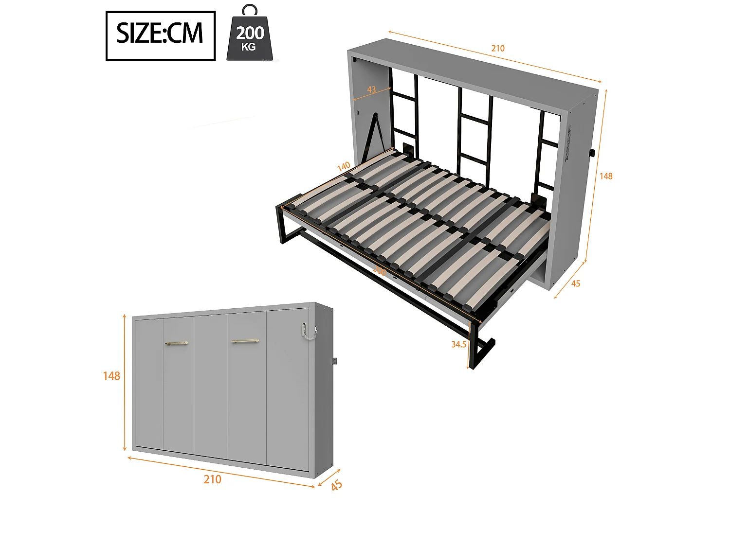 Lit escamotable 140x200 cm - Structure en métal et sommier en bois - Fixation murale verrouillable - gris (matelas non inclus)