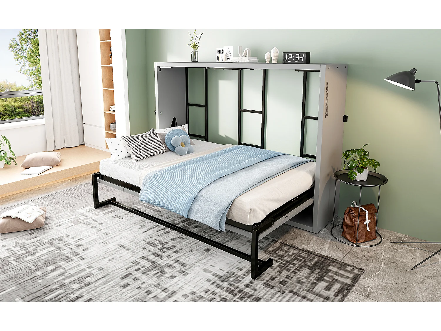 Lit escamotable 140x200 cm - Structure en métal et sommier en bois - Fixation murale verrouillable - gris (matelas non inclus)