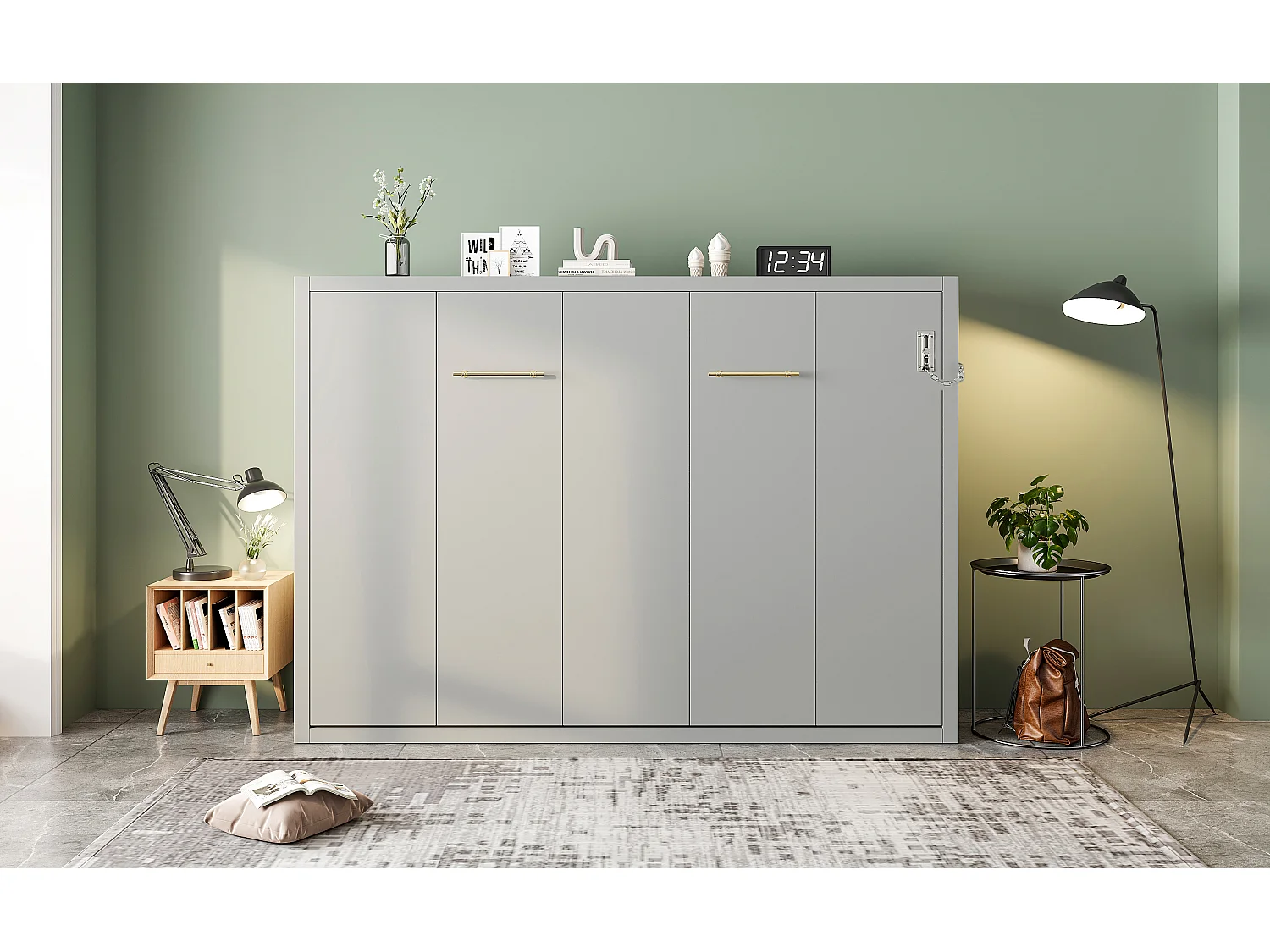 Lit escamotable 140x200 cm - Structure en métal et sommier en bois - Fixation murale verrouillable - gris (matelas non inclus)