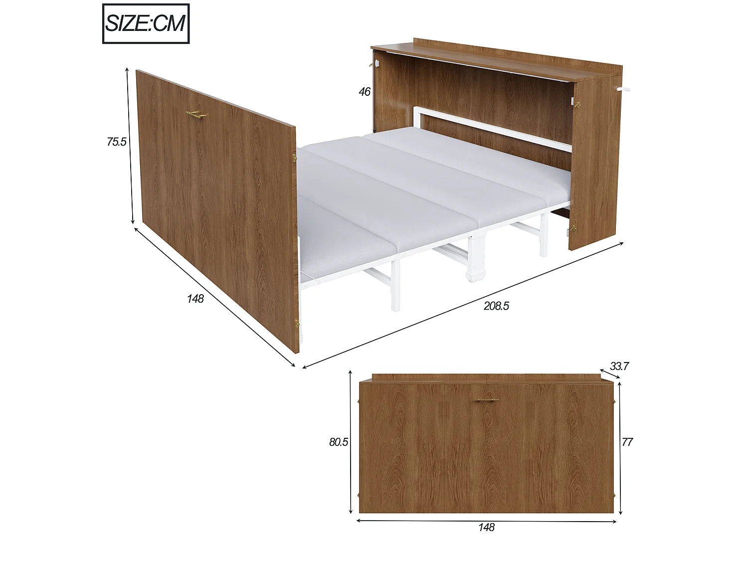 Letto pieghevole 140 x 200 cm - struttura da parete estensibile - materasso in lino incluso - struttura in metallo - Naturale (materasso non incluso)